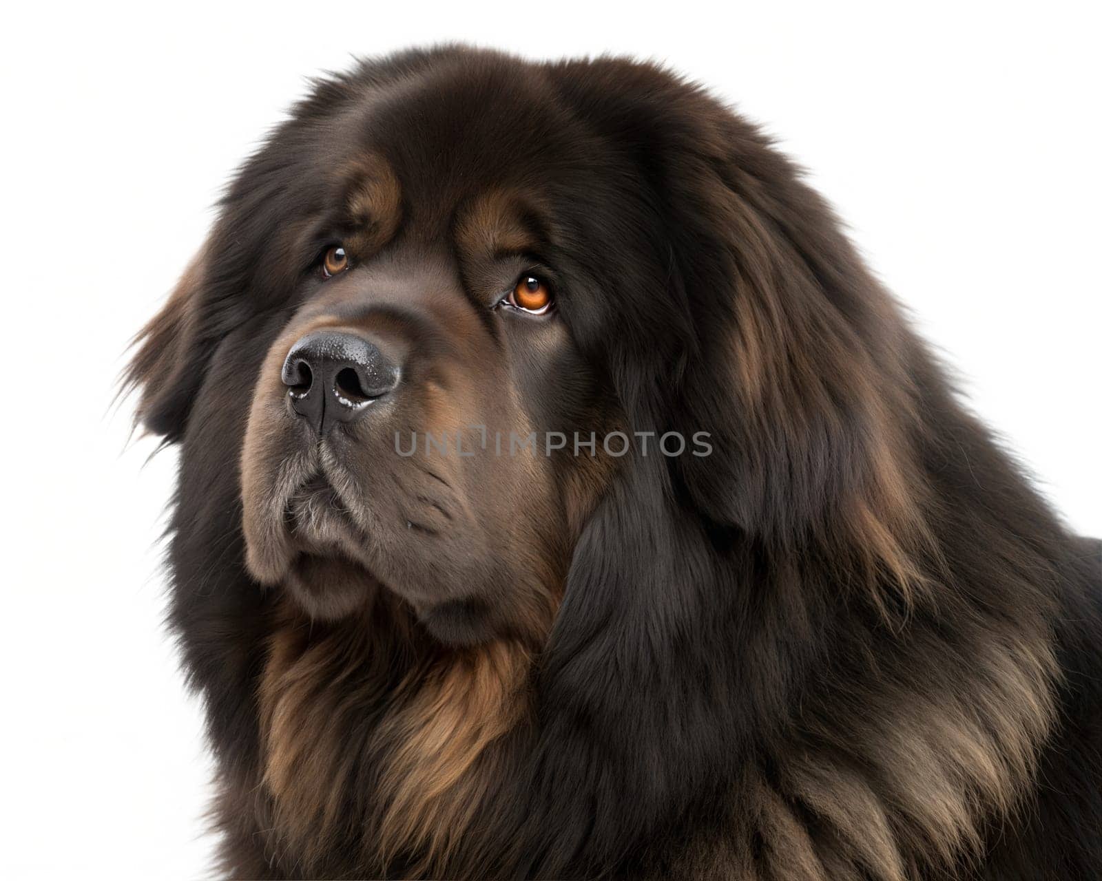 Beautiful big Tibetan mastiff portrait isolated on white background. Tibetan mastiff headshot on white background. Ai generated image