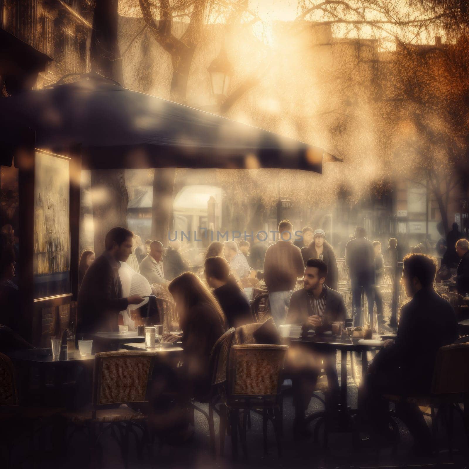 Blurred image of a street cafe or bav in the light of evening lights. People sit at the tables of a street cafe in summer. High quality photo