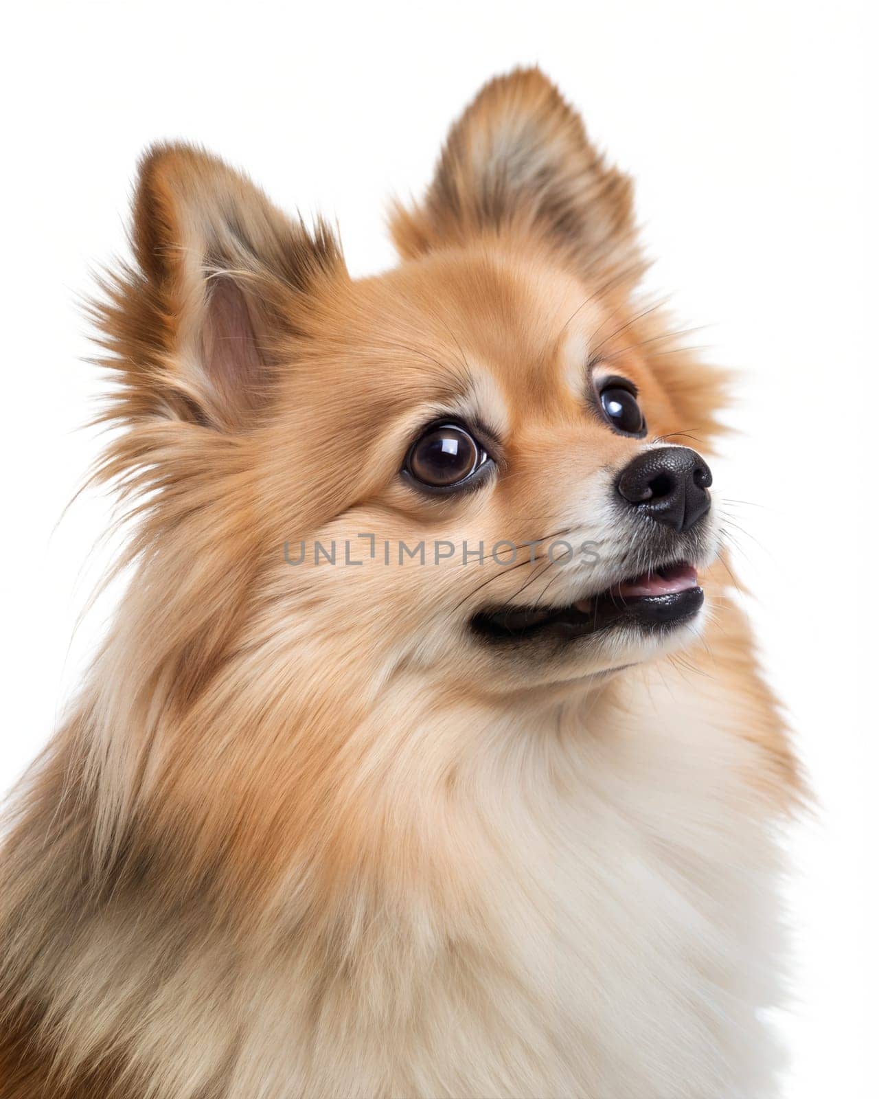 Portrait of ginger Spitz dog, isolated on white background. Headshot of Pomeranian Spitz. Ai generated image