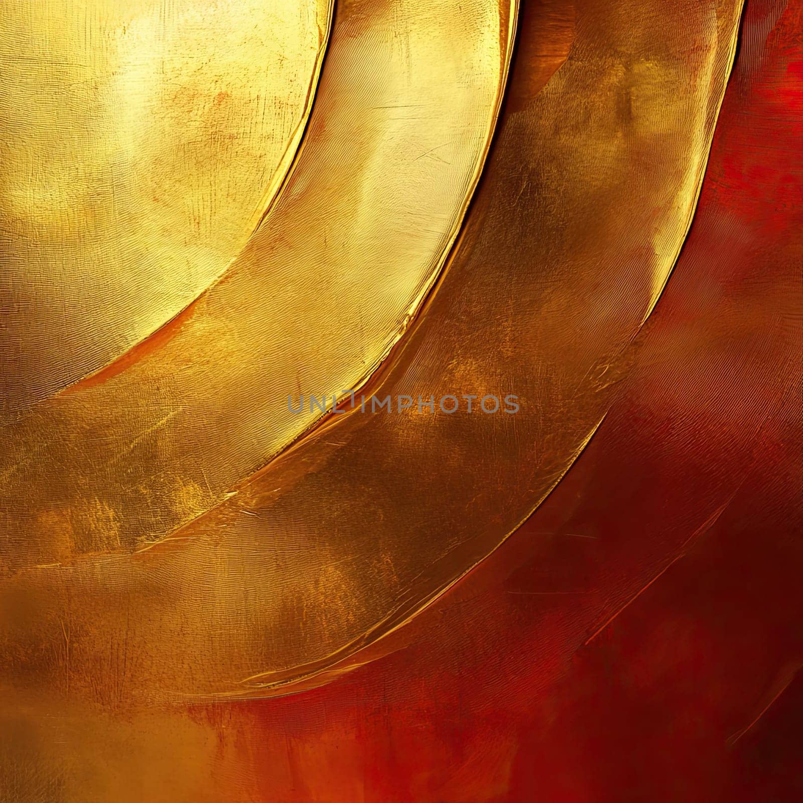 Curved golden shapes gracefully blend into a vivid red backdrop, creating an abstract artwork that radiates warmth and depth, inviting viewers to explore its texture.