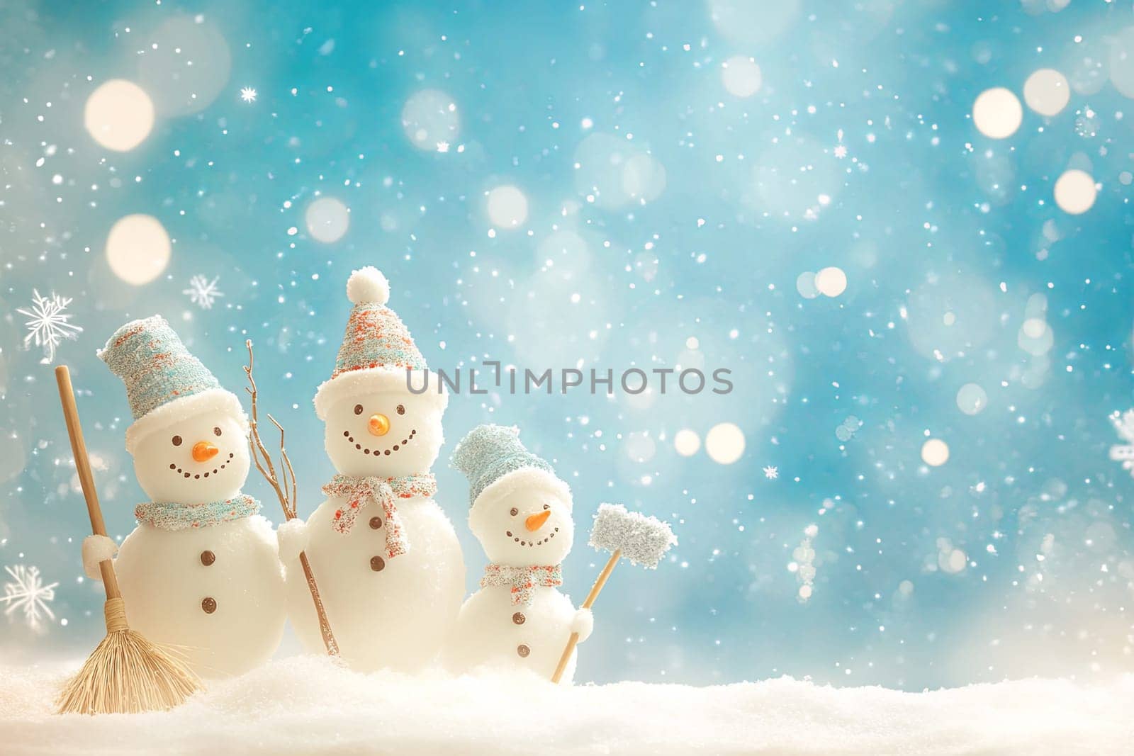 Three snowmen stand on a snowy street in winter. High quality photo