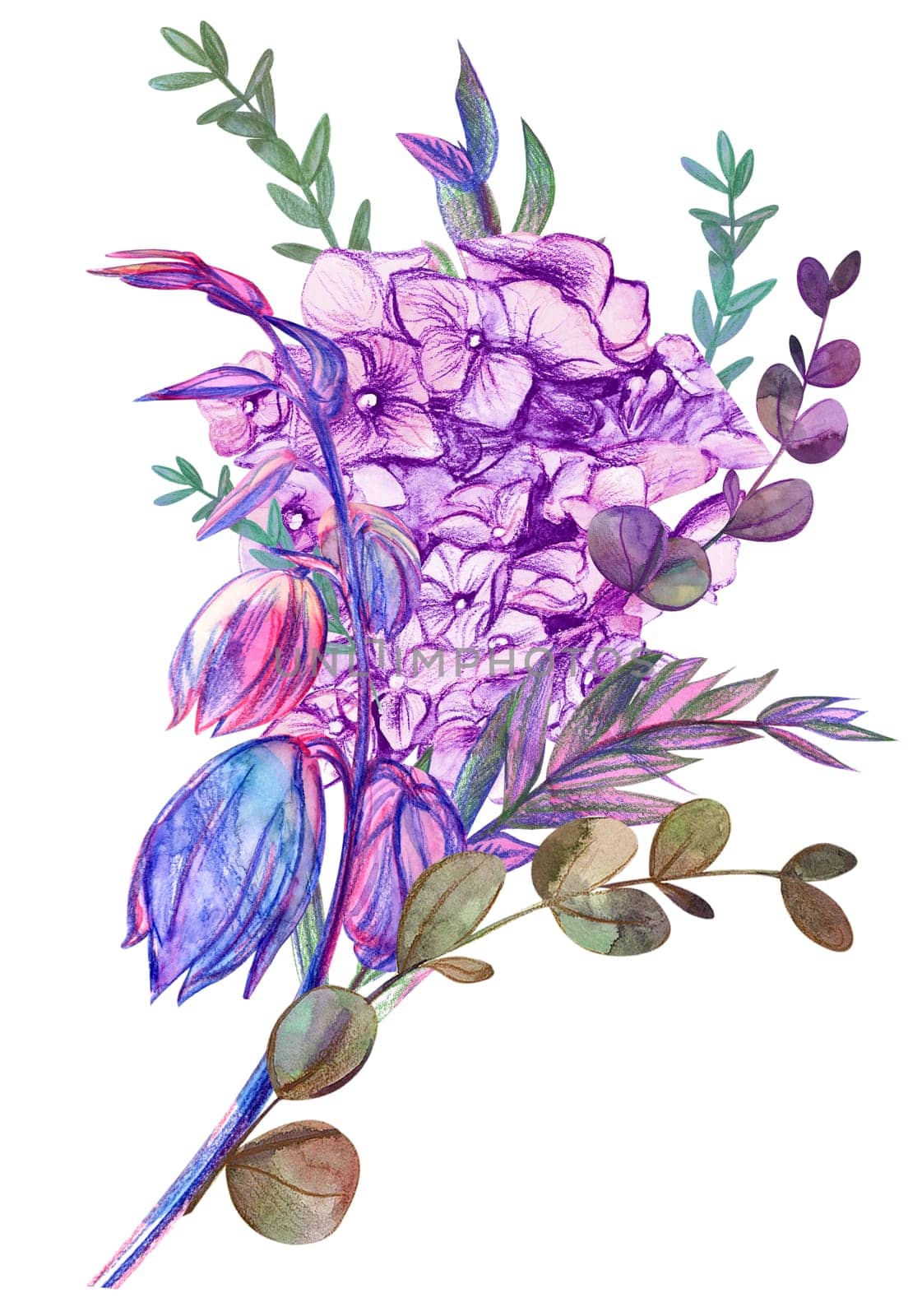 Watercolor sketch illustration with pink flowers bouquet drawn with watercolor pencil workflow