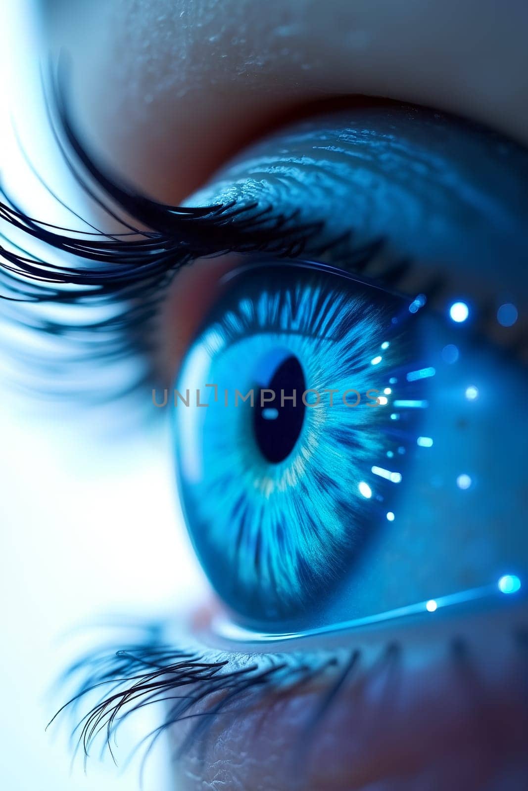 A mesmerizing close-up reveals the vivid blue color and unique patterns of an eye, enhanced by natural light and reflections - Generative AI