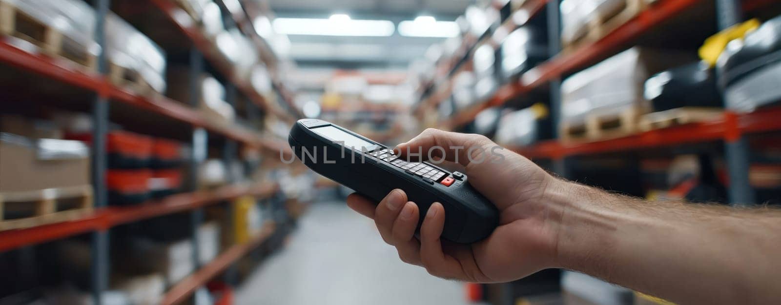 hand holding barcode scanner in warehouse aisle filled with shelves. scanner is used for inventory management and tracking items efficiently.