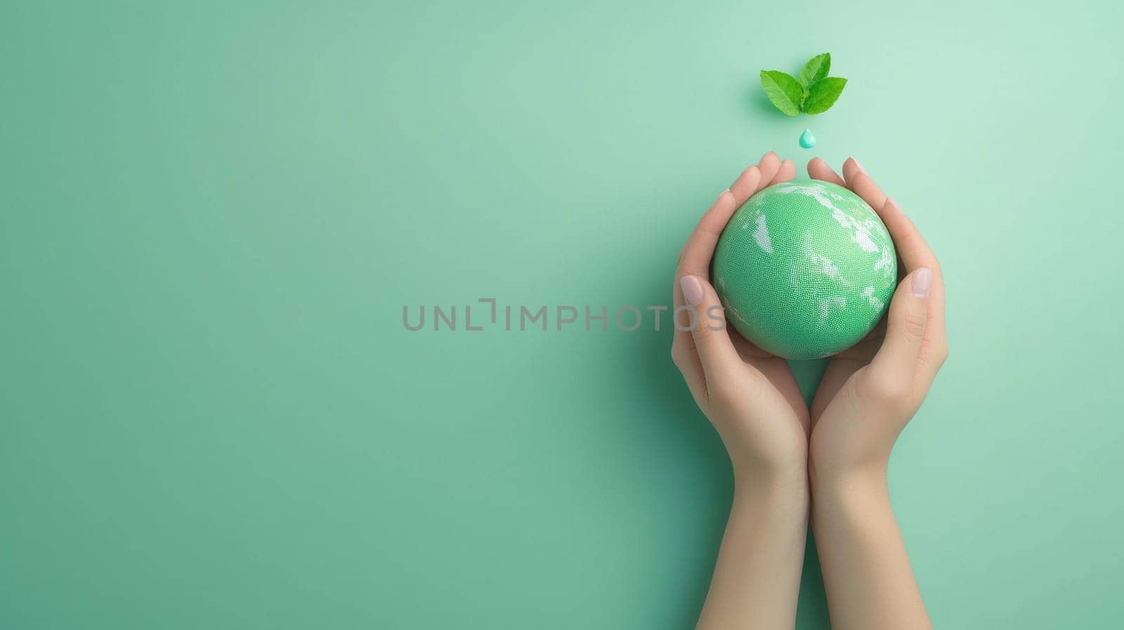 Hands holding small green globe with droplet of water and leaves, symbolizing environmental care and sustainability.