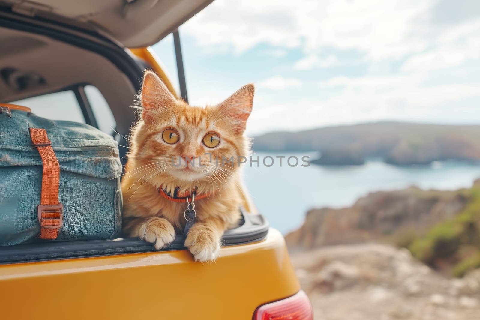 A charming orange cat lounges in the trunk of a car, surrounded by a breathtaking coastal view. Perfect for travel and adventure themes.