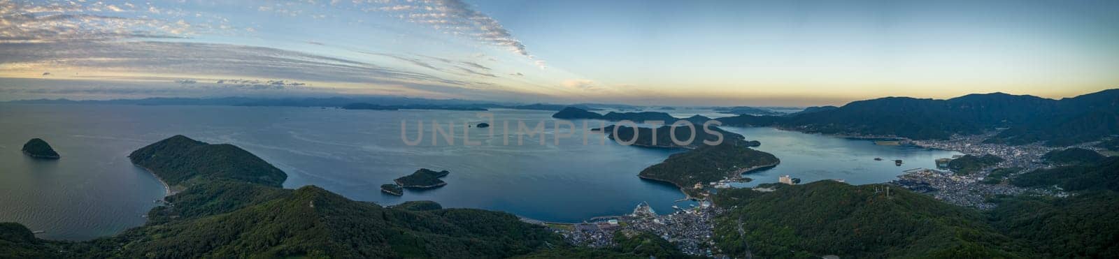 Panoramic aerial view of Sakate coast on Shodoshima Isand at dawn by Osaze