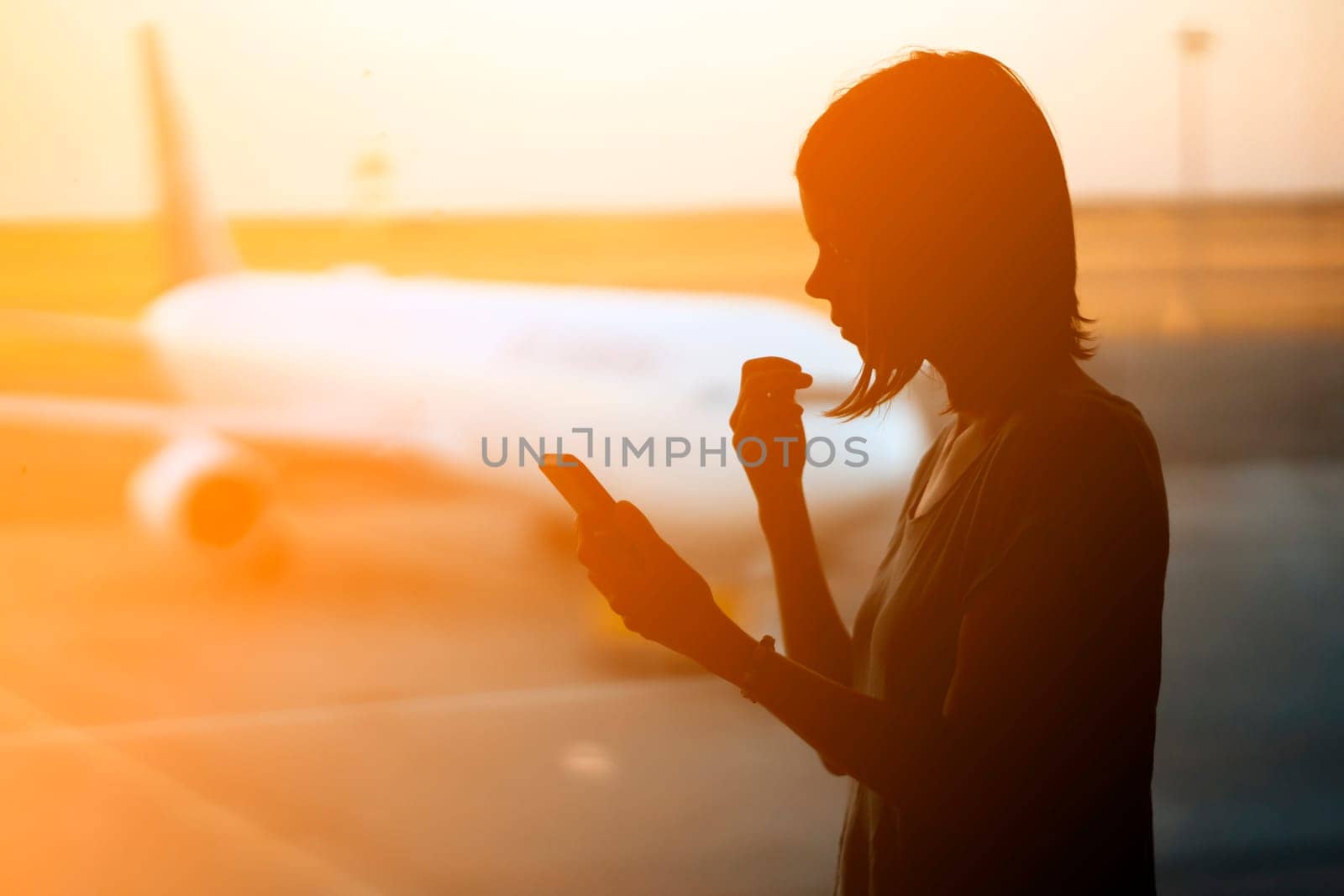 A young girl at the airport is boarding a plane at sunset, a woman goes on a journey, holds a mobile phone in her hand, orders transfer and buys a ticket.