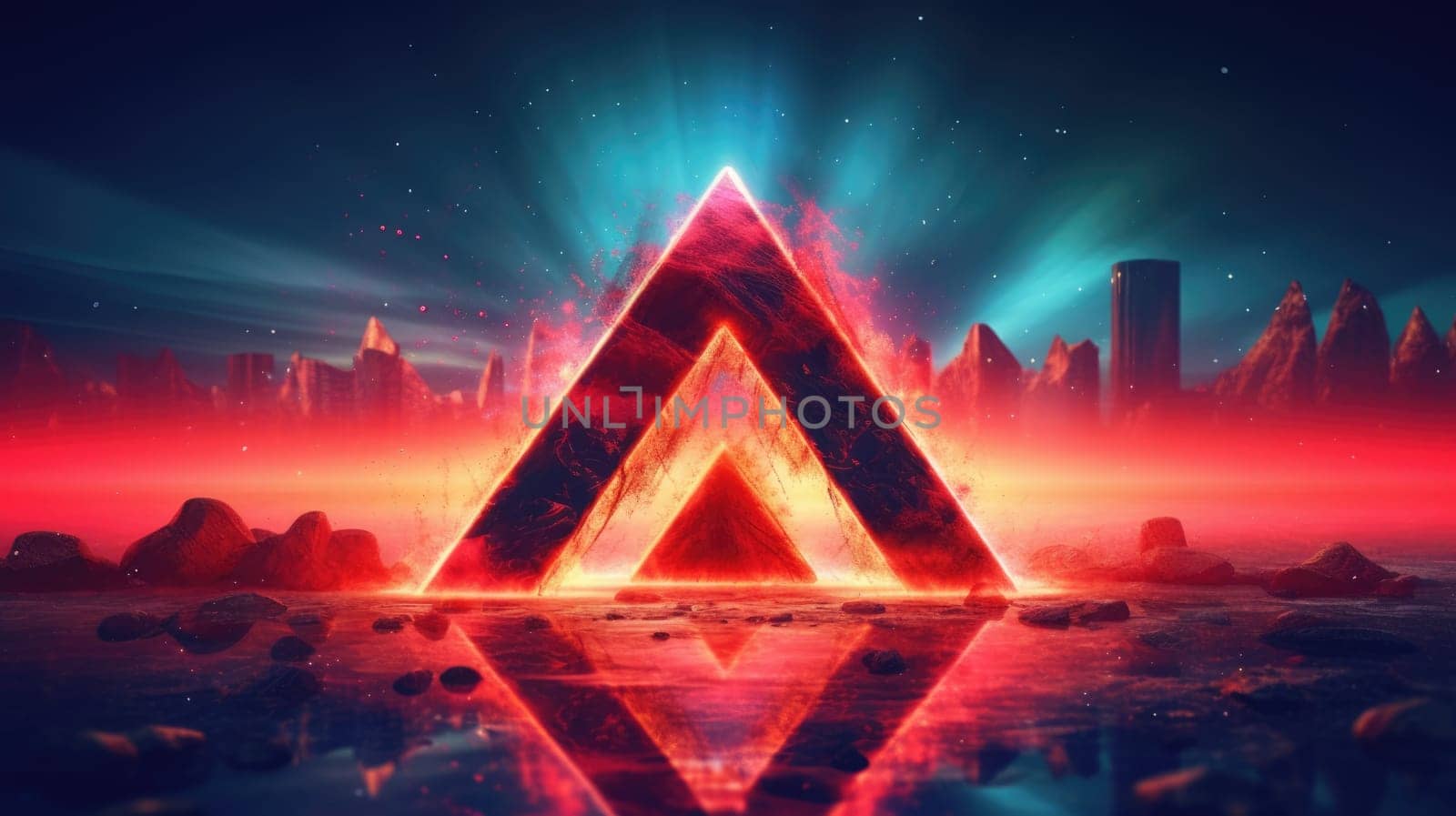 Glowing neon triangle frame over abstract landscape. Generative AI weber. by biancoblue