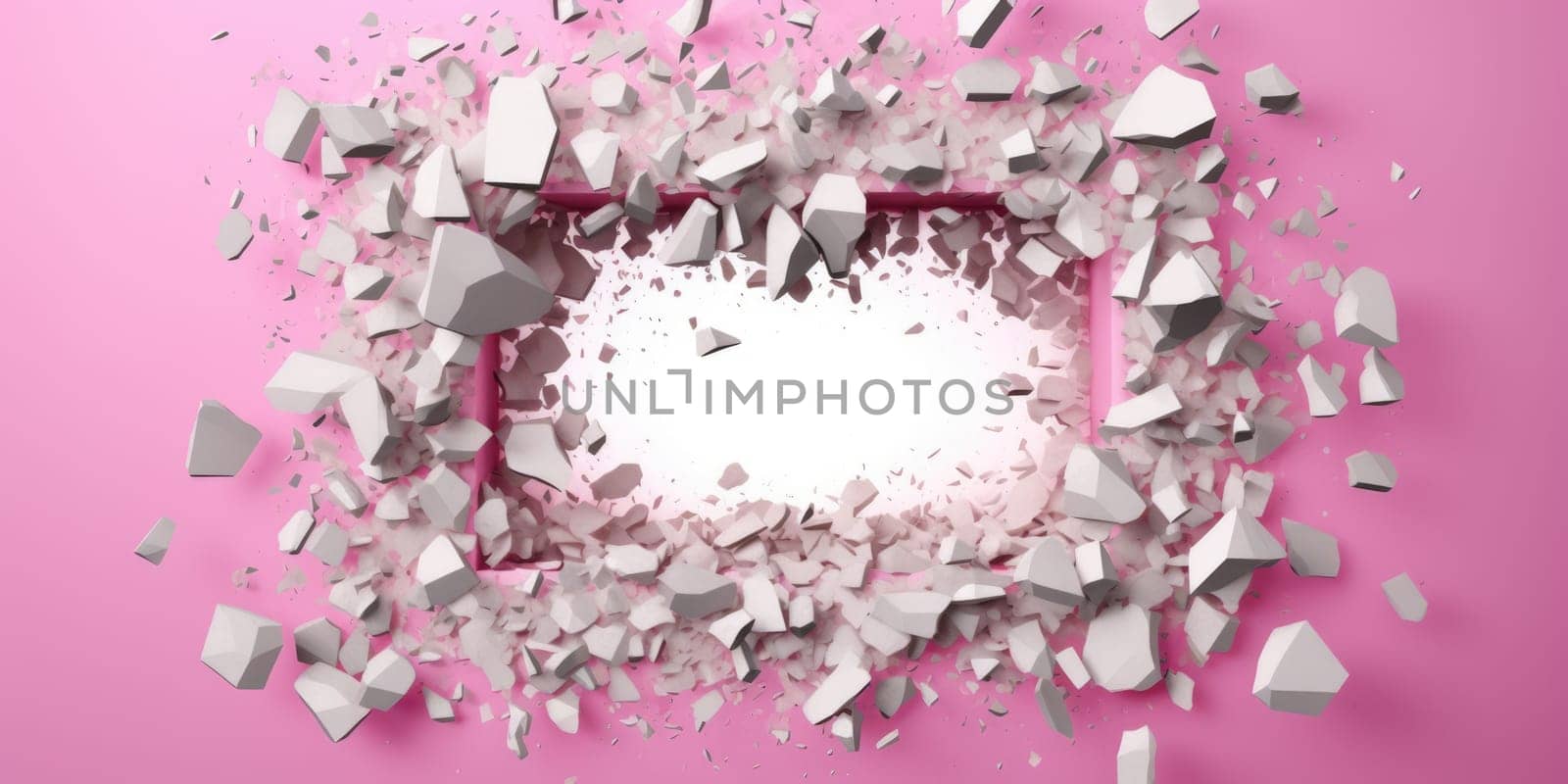 Breaking out of a hole in solid Pink wall, torn hole, empty copy space frame, mockup. Generative AI image weber.