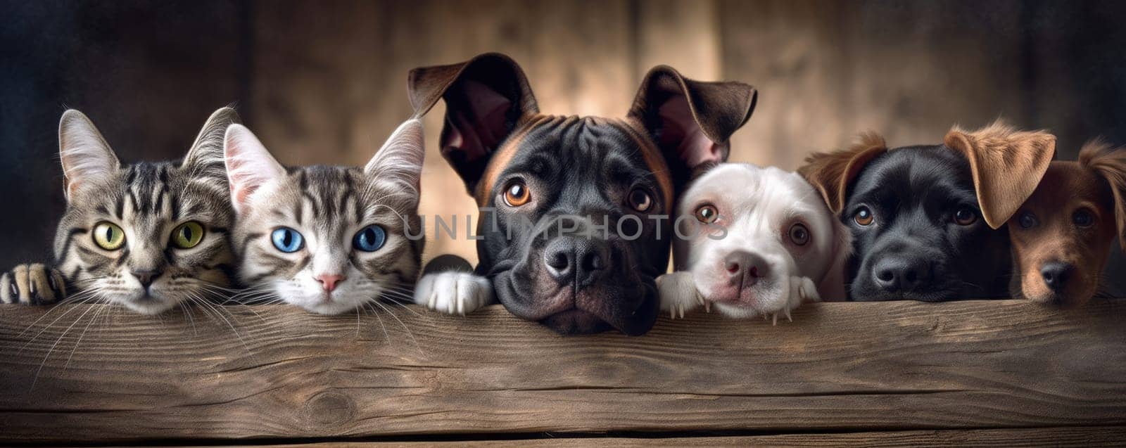 Dogs and Cats, peeking over the clear wooden top line, petshop banner, happy, smile, funny. Generative AI image weber.