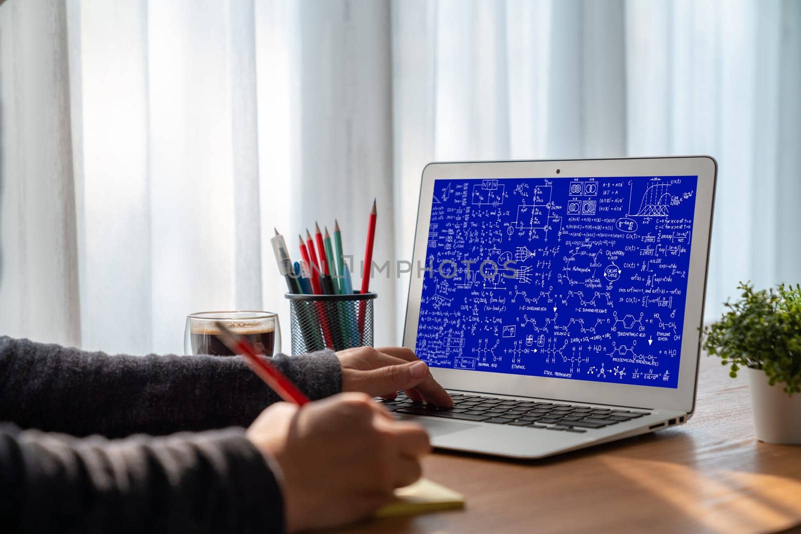 Mathematic equations and modish formula on computer screen showing concept of science and education