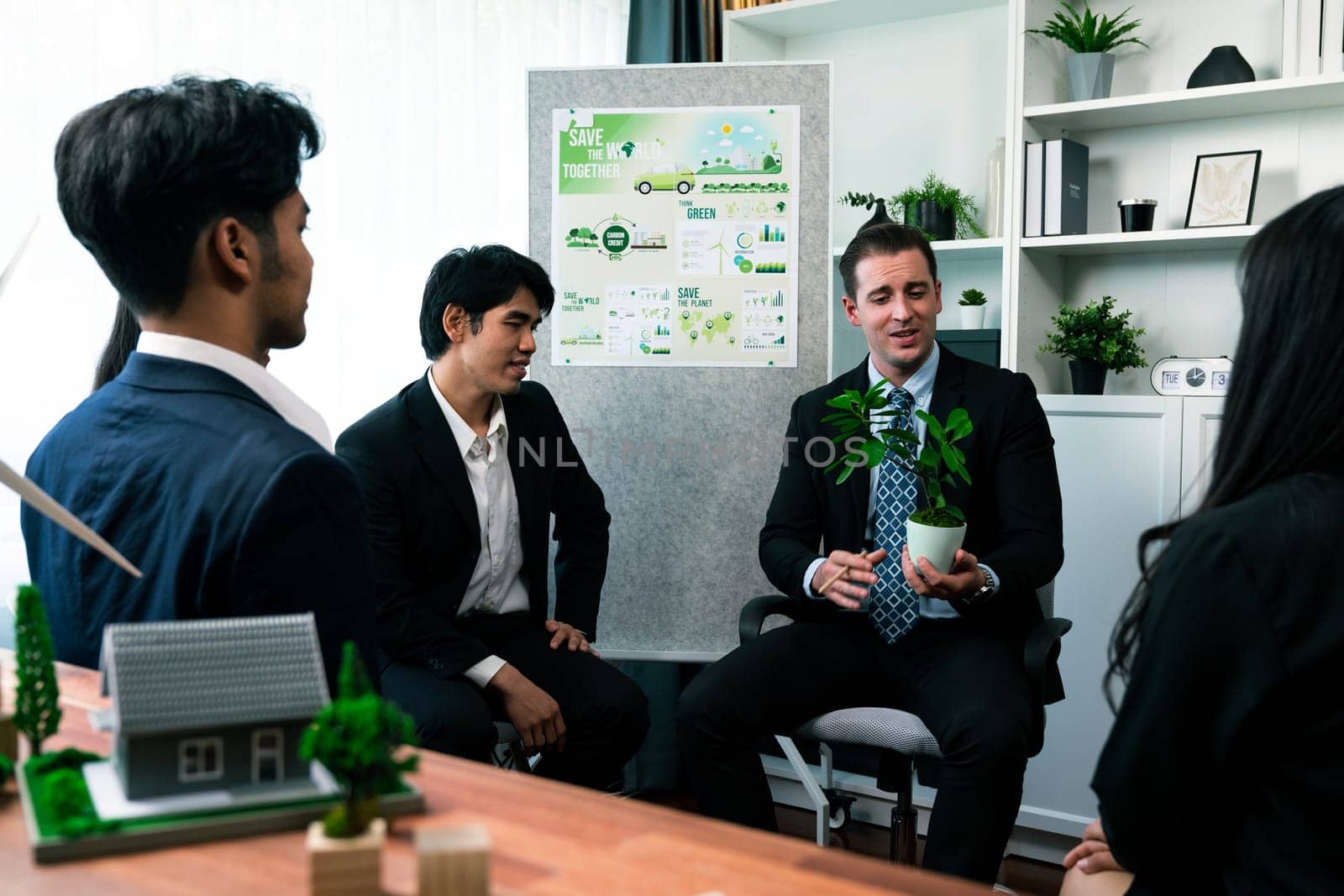 Businessman leader give presentation on reforestation. Quaint by biancoblue