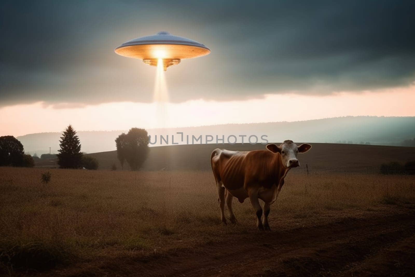 Cosmic mystery: a portrait depicting UFO phenomena, alien intrigue, focusing on the allure of outer space, extraterrestrial life, fascination surrounding interstellar encounters.