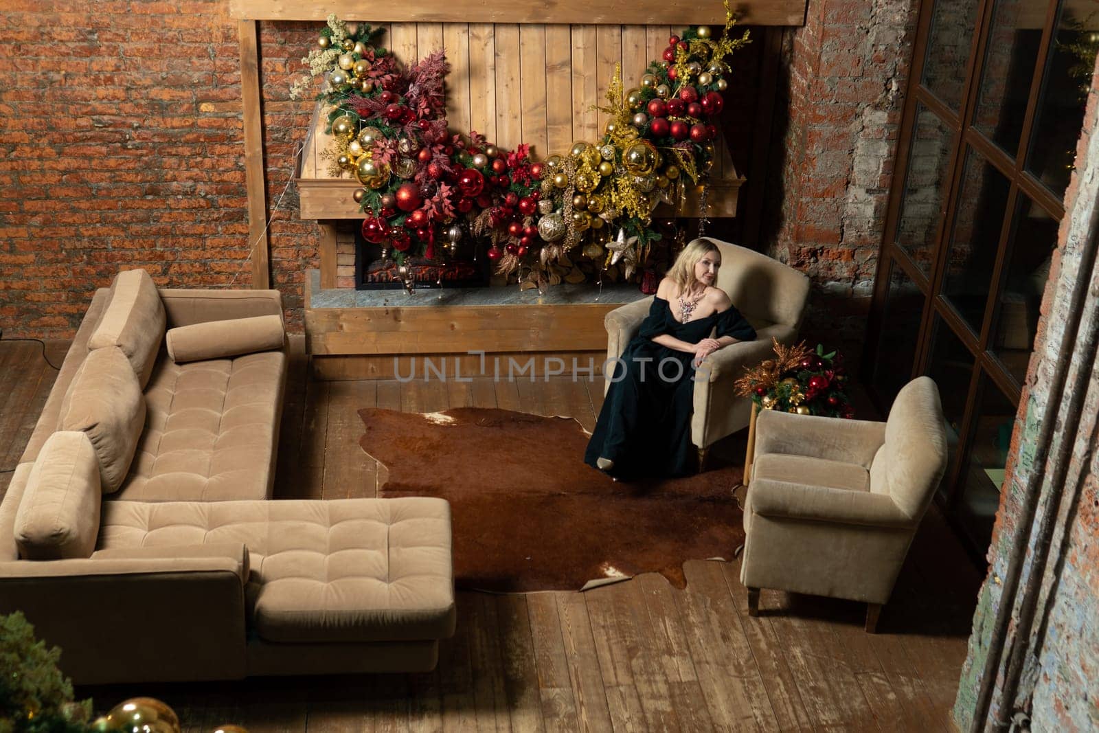 alone tree year fireplace woman new cozy holiday celebration young girl home christmas