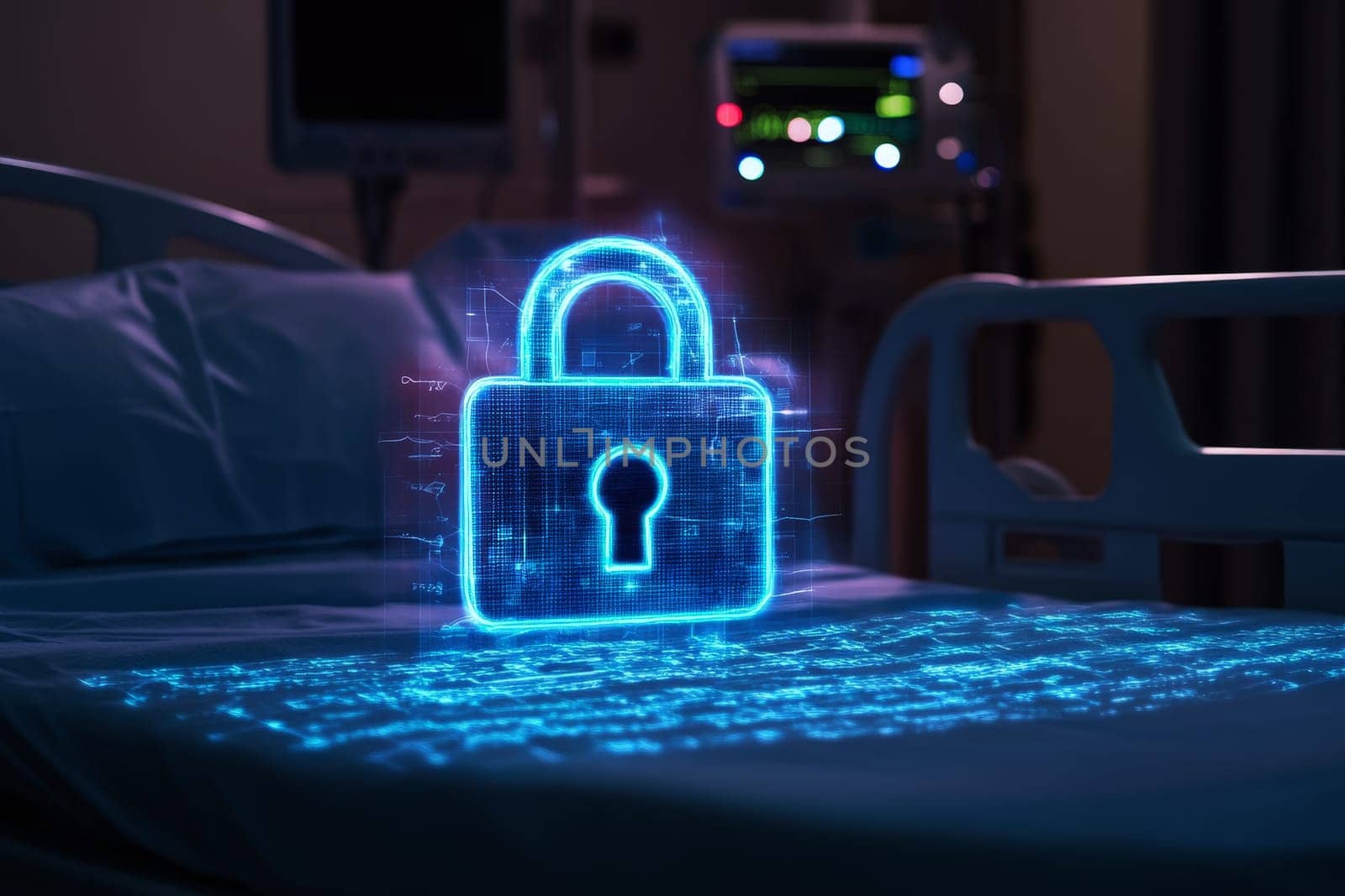 Digital lock over hospital bed symbolizing healthcare data security. Data privacy for patients..