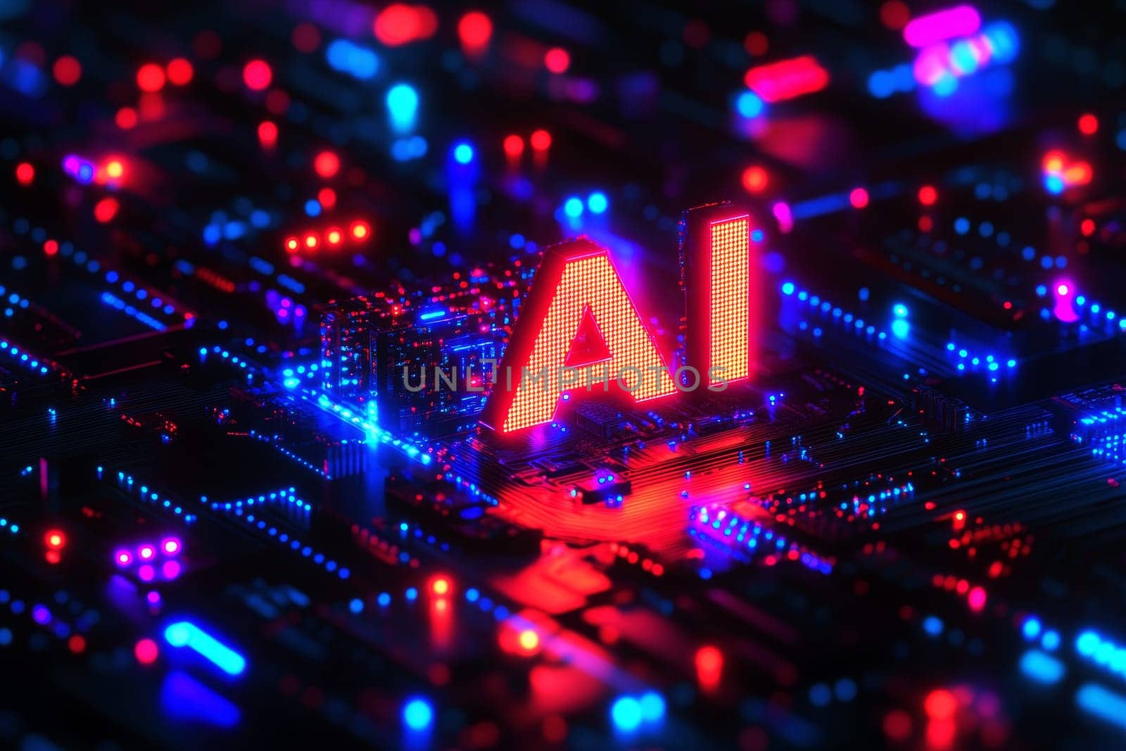 AI logo or icon. Abstract technology conceptual background with AI neon letters. AI text consist at pcb, neon electronic signals in cyberspace. Artificial intelligence tech background or banner.