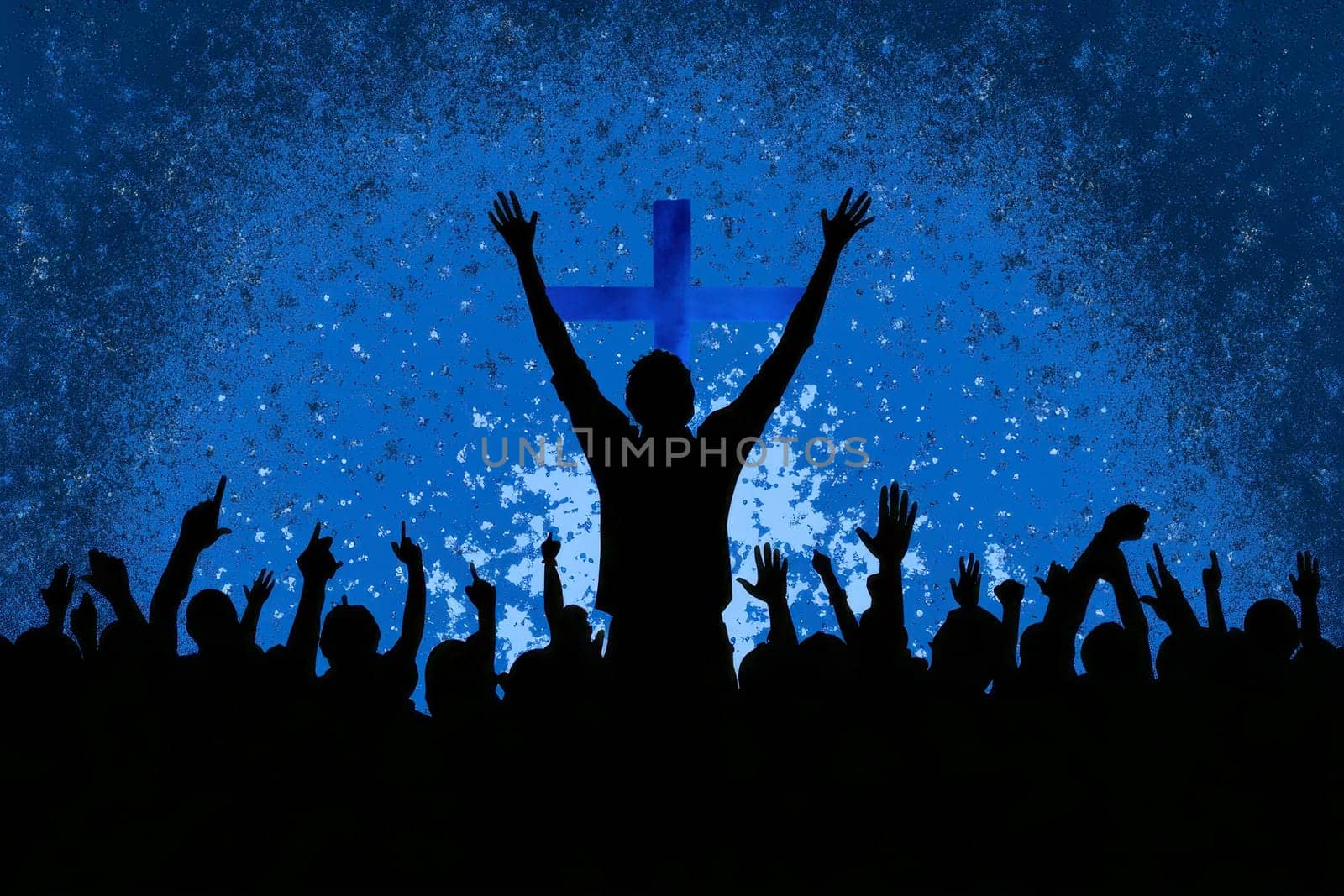 people silhouette with raised hands at christian concert worship God and Jesus Christ, on blue background. Christian concept.
