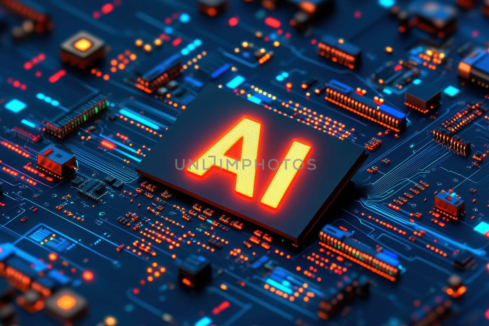 AI logo or icon. Abstract technology conceptual background with AI neon letters. AI text consist at pcb, neon electronic signals in cyberspace. Artificial intelligence tech background or banner.