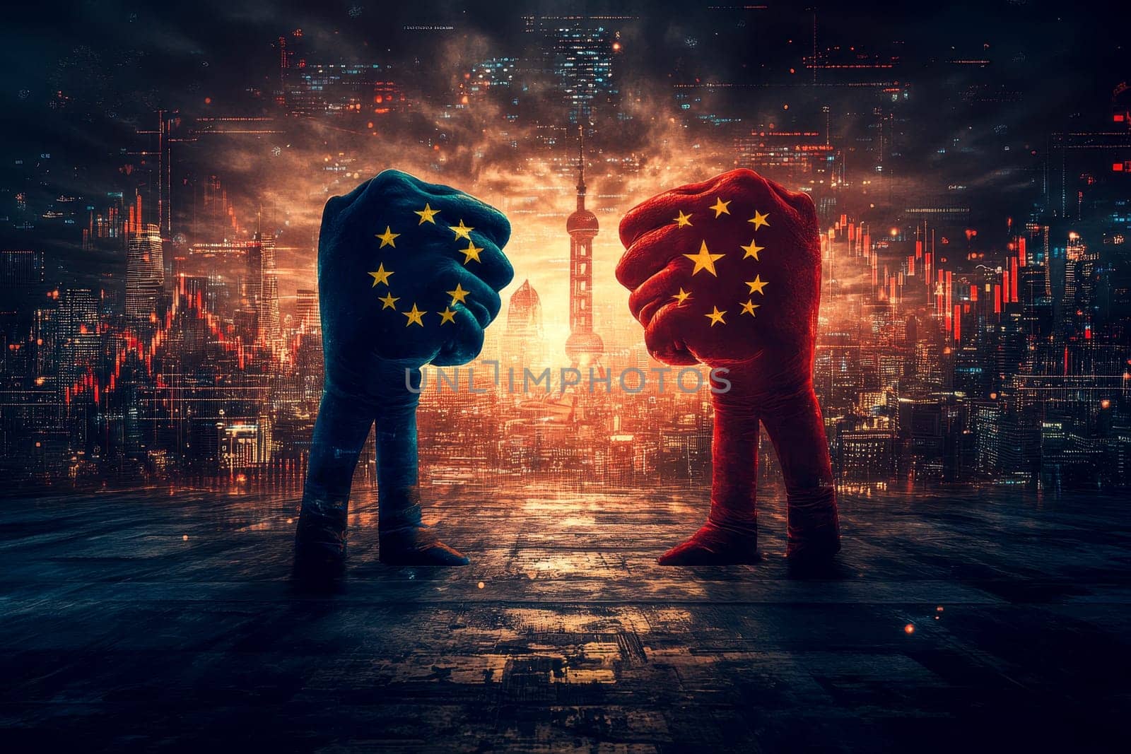Two clenched fists facing each other representing the Europe and China hold symbols of national flags during a strategic discussion on trade..