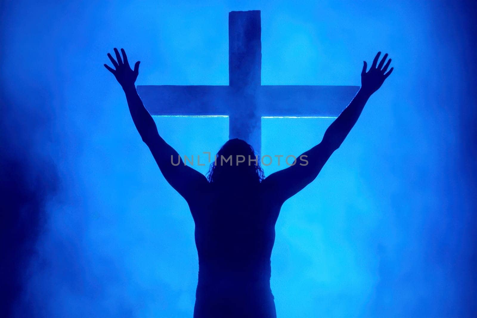 people silhouette with raised hands at christian concert worship God and Jesus Christ, on blue background. Christian concept.