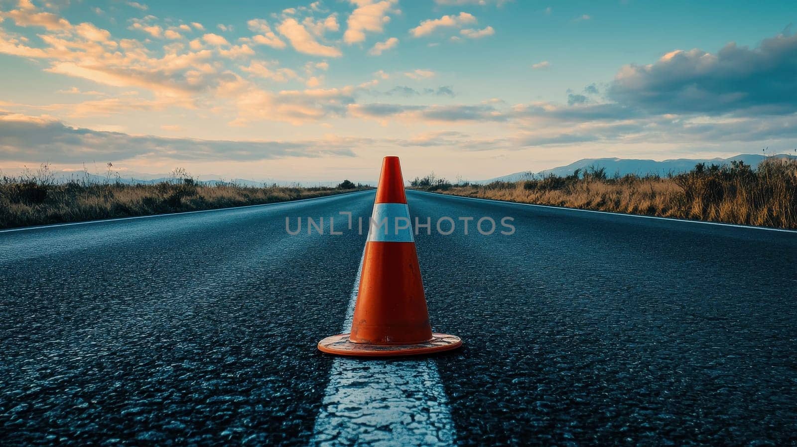 An orange and white traffic cone rests on an asphalt road..
