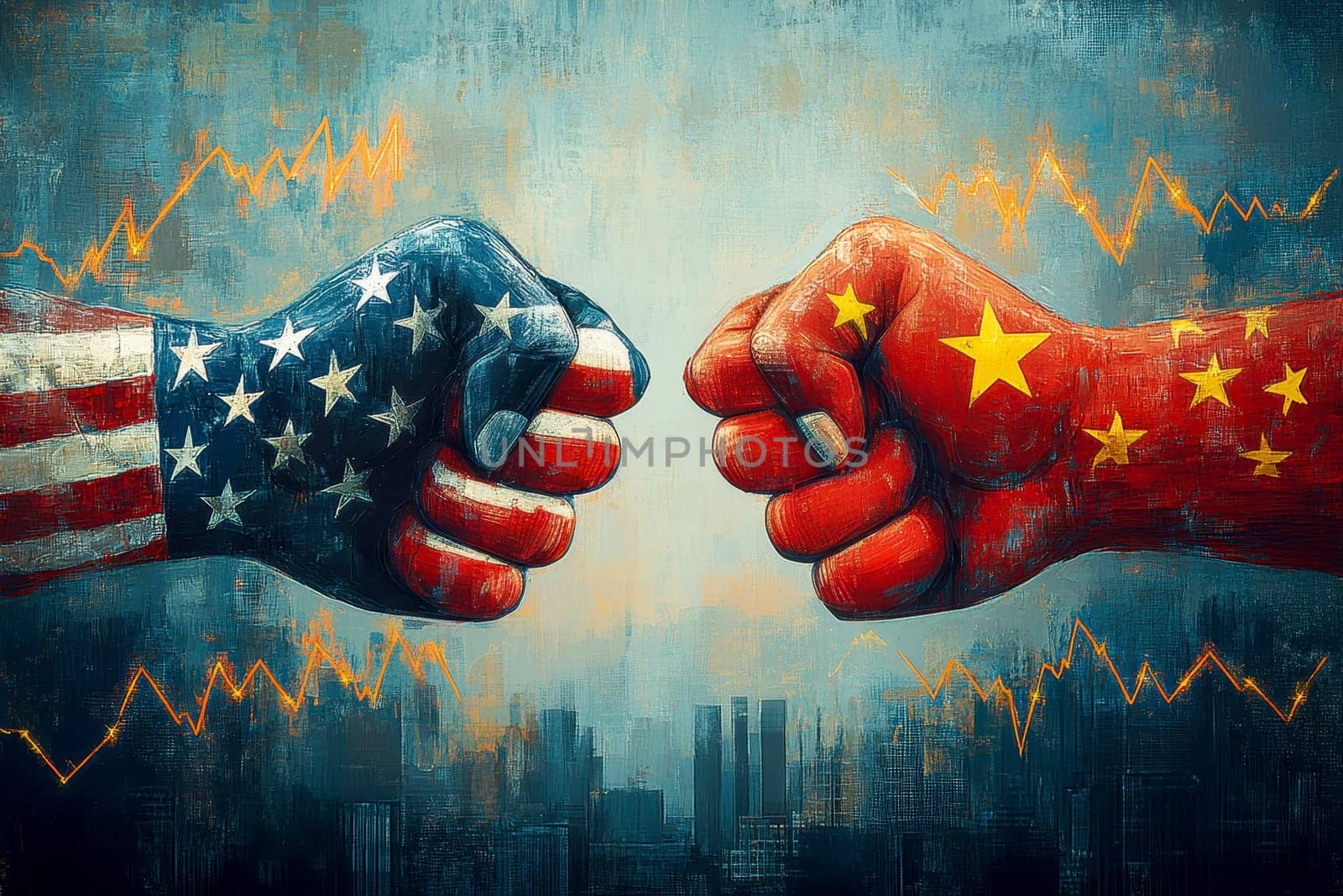 Two clenched fists facing each other representing the United States and China hold symbols of national flags during a strategic discussion on trade..