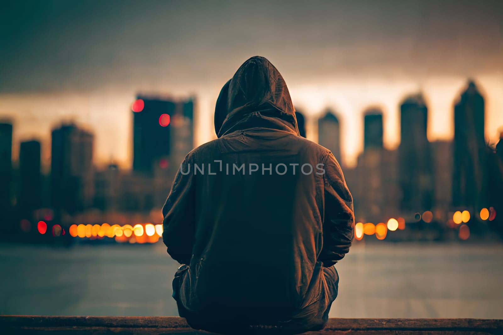 A man is sitting on a ledge overlooking a city. He is wearing a hoodie and he is looking out over the water. The scene has a sense of loneliness and contemplation