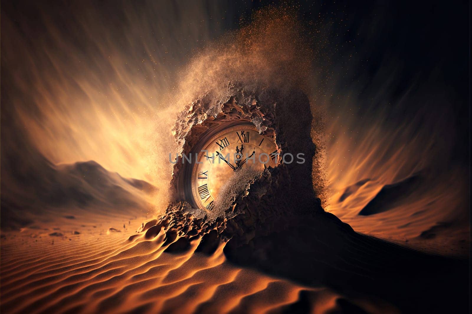 A clock is shown in a desert setting, with the hands pointing to the numbers 1 and 9. The image has a surreal and dreamlike quality