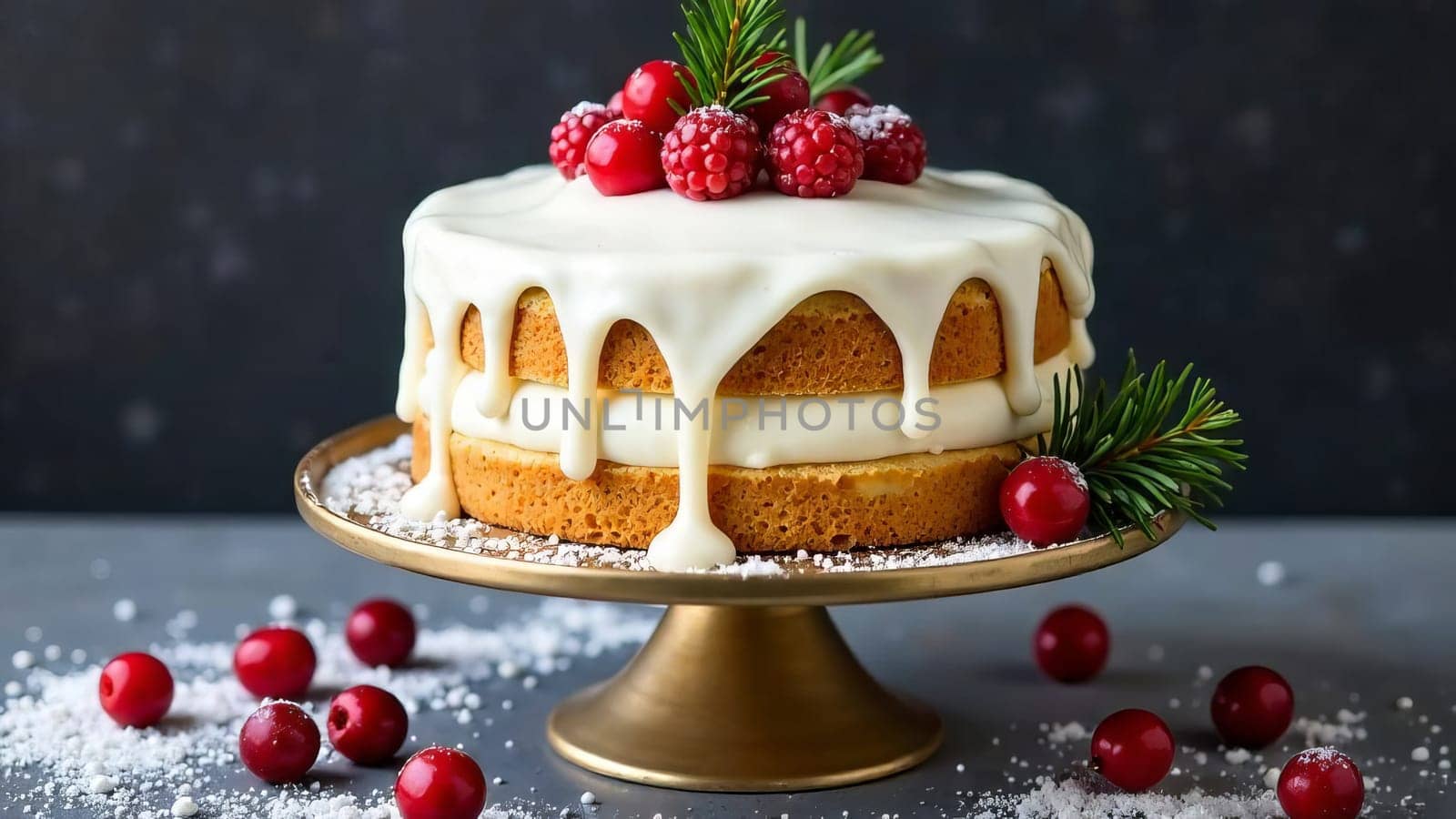 A Christmas cake with white cream and berries on a stand.