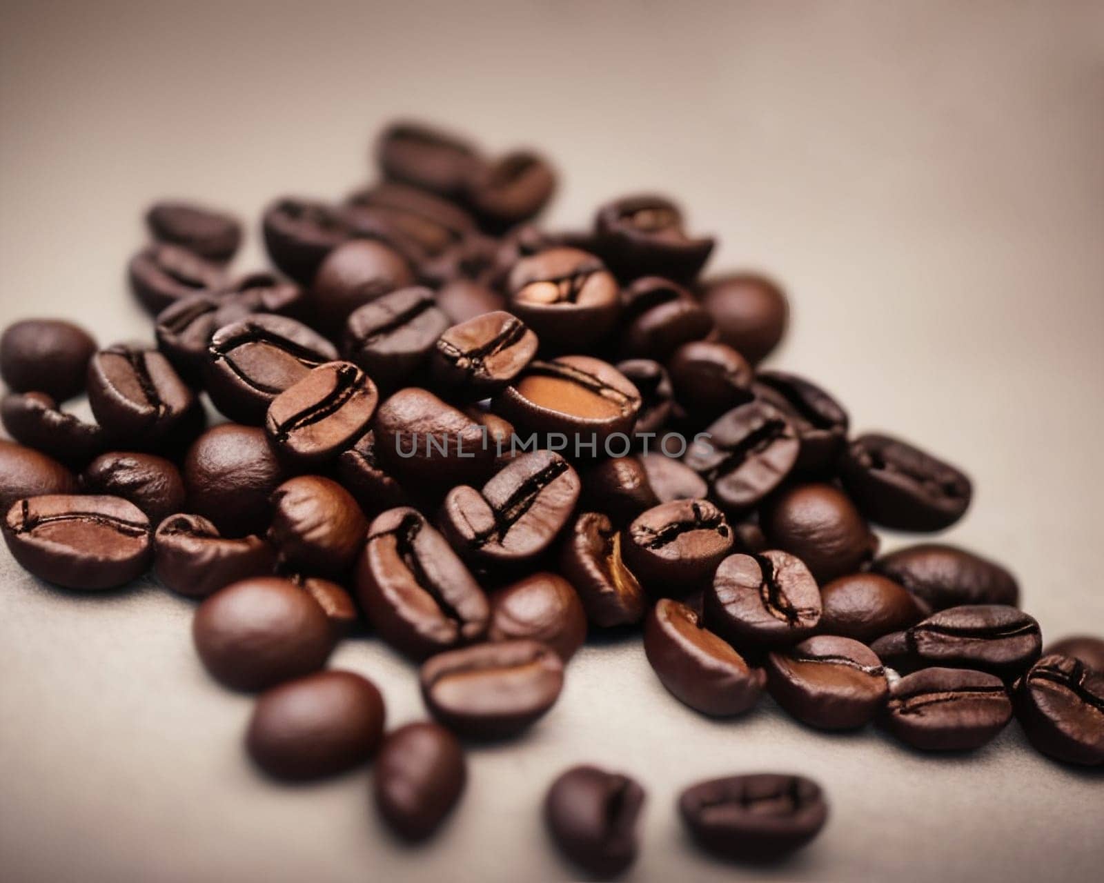 A pile of coffee beans with the beans spread out on a table. The beans are of different sizes and shapes, and they are all brown in color. Concept of warmth and comfort