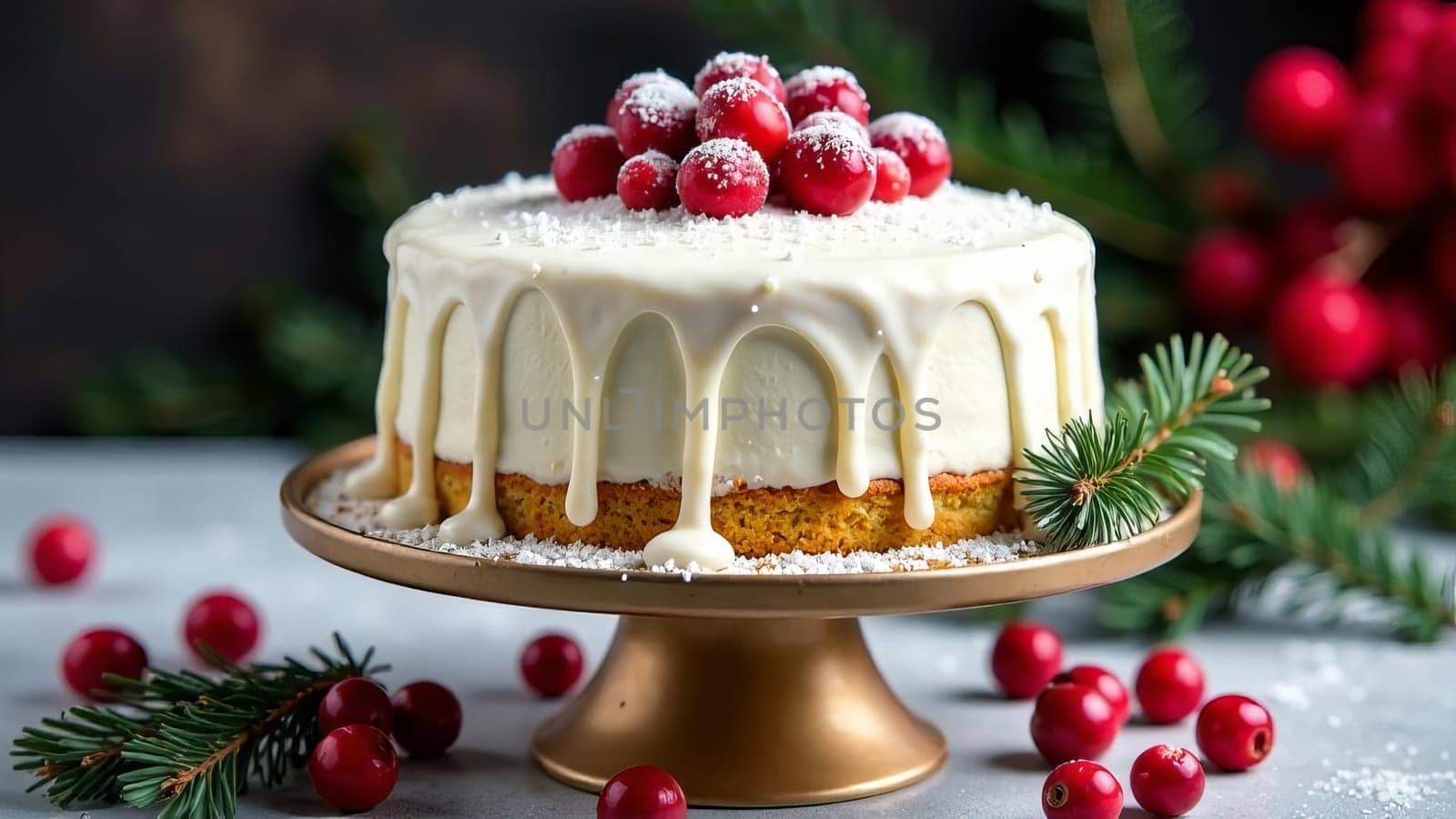 A Christmas cake with white cream and berries on a stand.