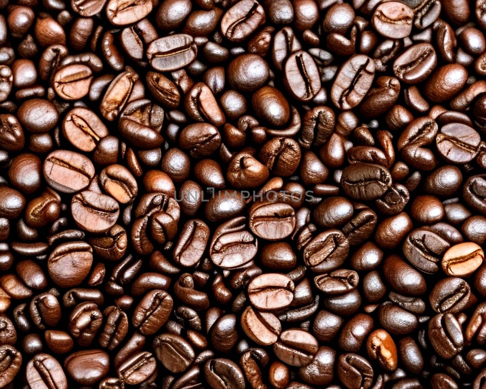 A close up of coffee beans with a lot of detail. The beans are brown and have a shiny surface