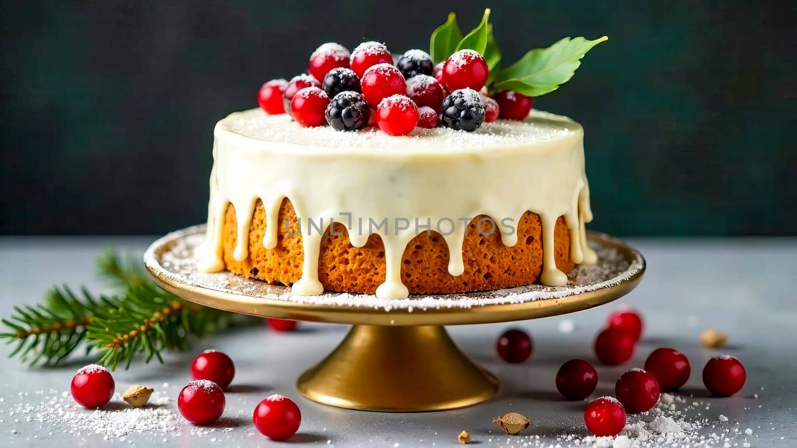 A Christmas cake with white cream and berries on a stand.