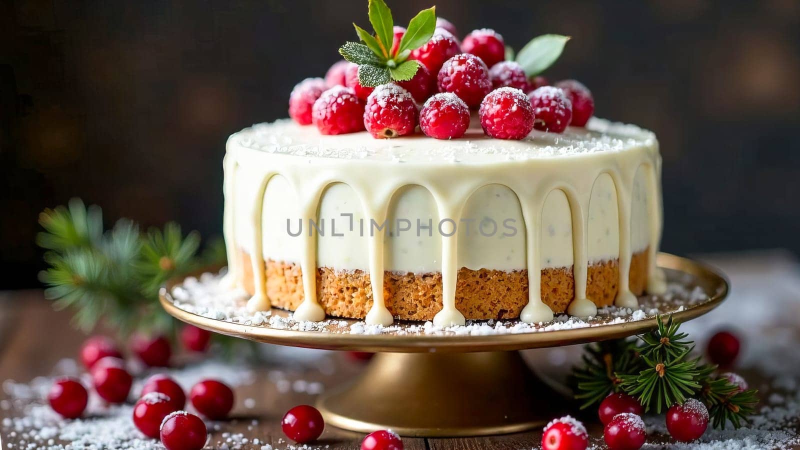 A Christmas cake with white cream and berries on a stand.