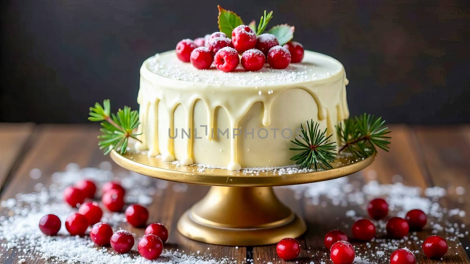 A Christmas cake with white cream and berries on a stand.