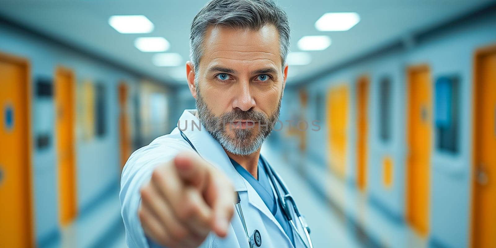 A man in a white lab coat points to a door. Concept of urgency or importance, as the man is directing someone to a specific location. The setting appears to be a hospital or medical facility