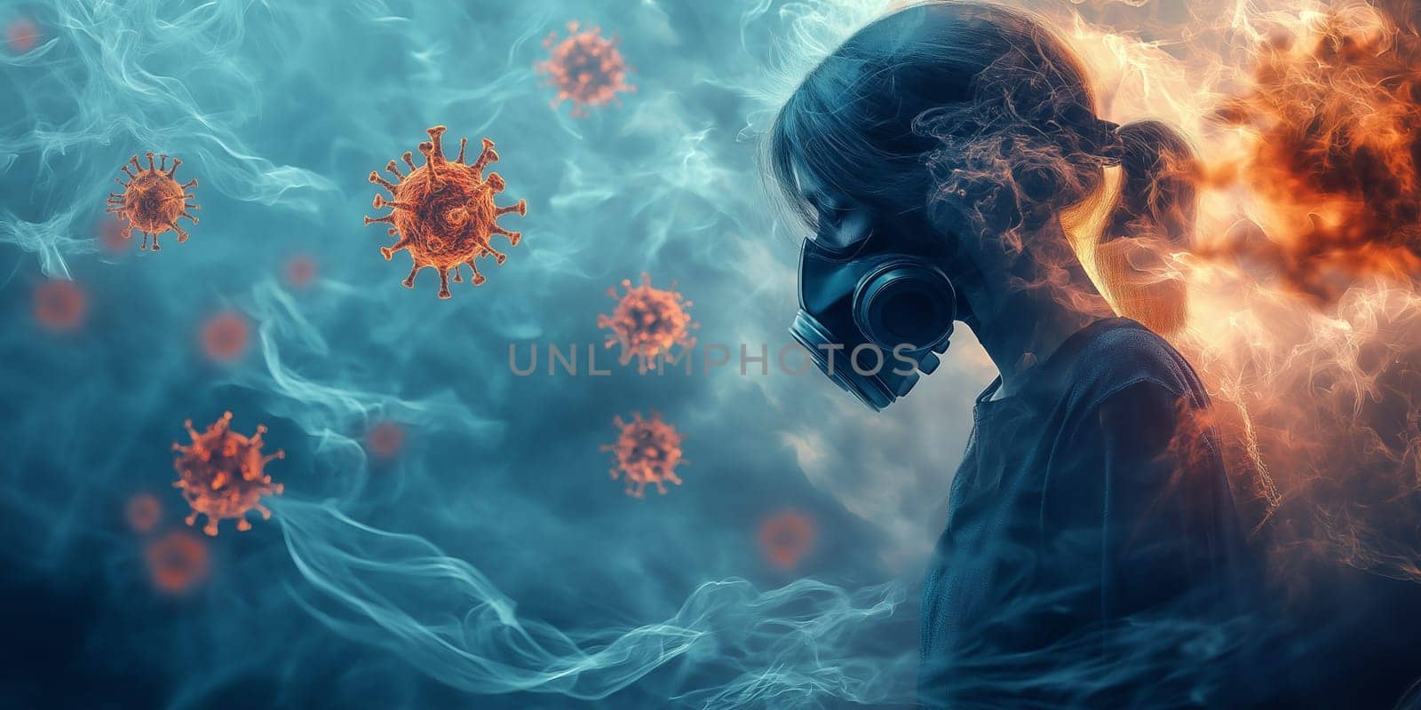 A woman wearing a gas mask is surrounded by a cloud of viruses. Concept of danger and fear, as the woman is trying to protect herself from the harmful particles in the air