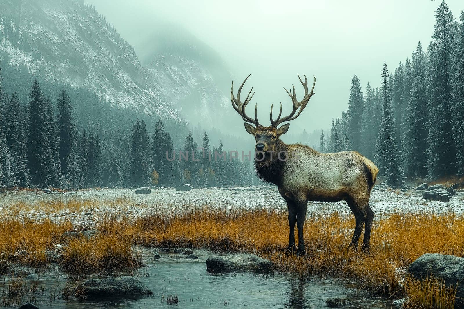 A deer stands in a field of tall grass near a body of water. The scene is serene and peaceful, with the deer being the focal point of the image