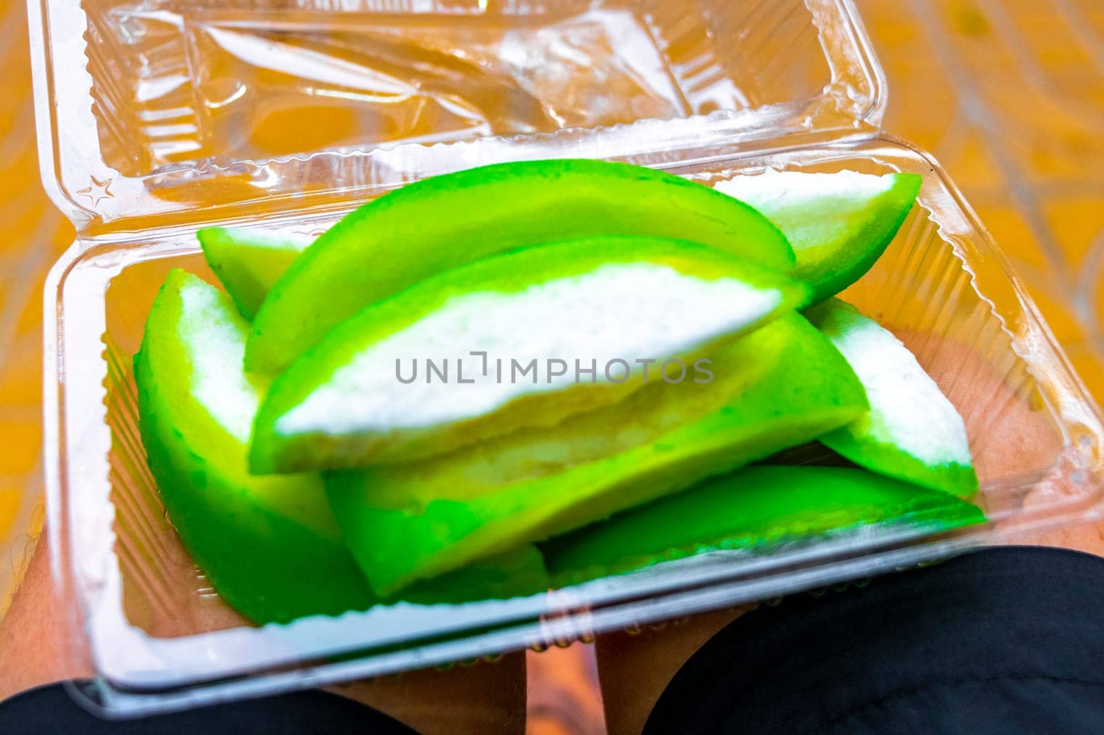Green guava fruit in plastic package on Koh Phi Phi Don island in Ao Nang Amphoe Mueang Krabi Thailand in Southeast Asia.