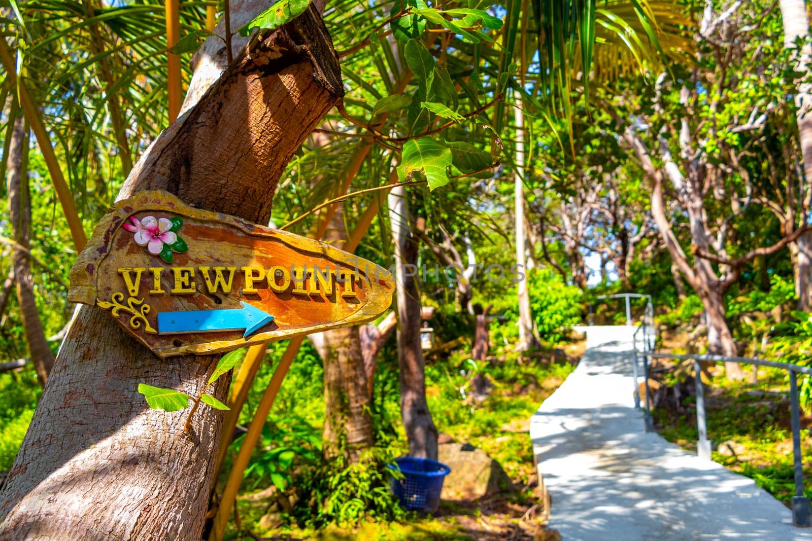 Viewpoint sign information board on Koh Phi Phi Don island in Ao Nang Amphoe Mueang Krabi Thailand in Southeast Asia.