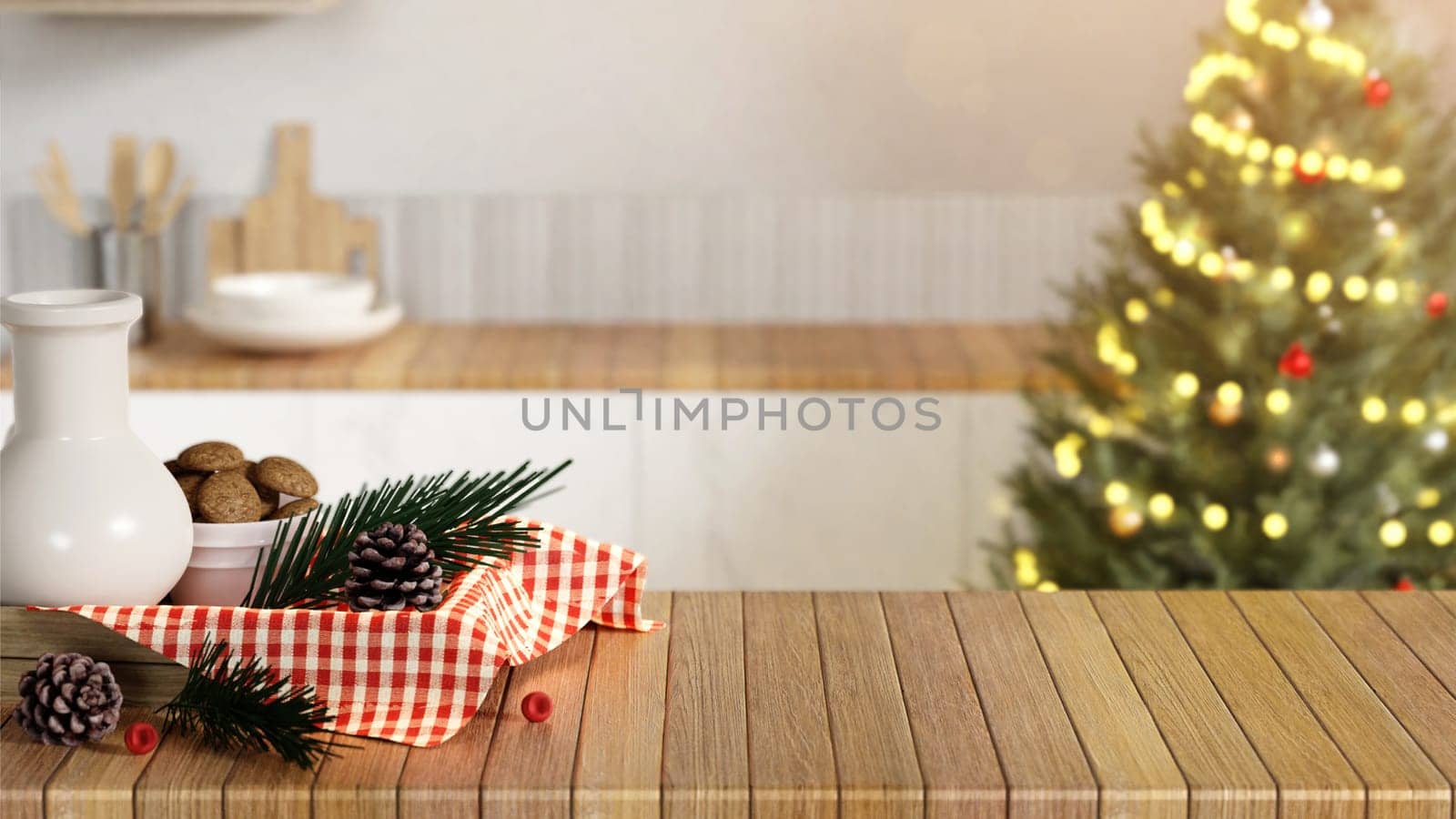 A 3D render featuring a cozy holiday kitchen with milk, cookies, and a Christmas tree, creating a warm festive atmosphere on a wooden countertop.