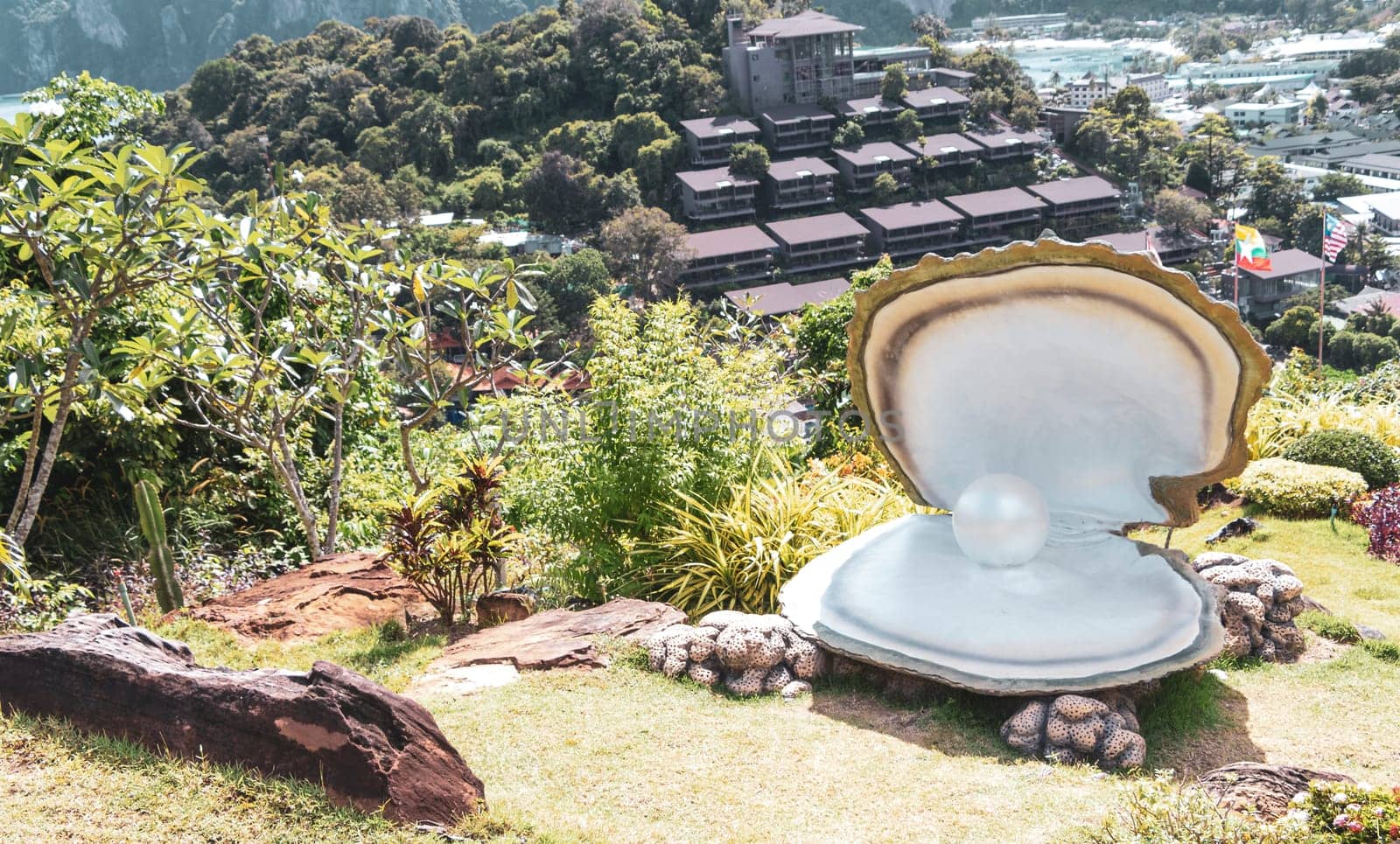 Ao Nang Krabi Thailand 21. October 2018 Landscape shell with pearl decoration and architecture at beautiful famous panorama view on the viewpoint on Koh Phi Phi Don island in Ao Nang Krabi Thailand.