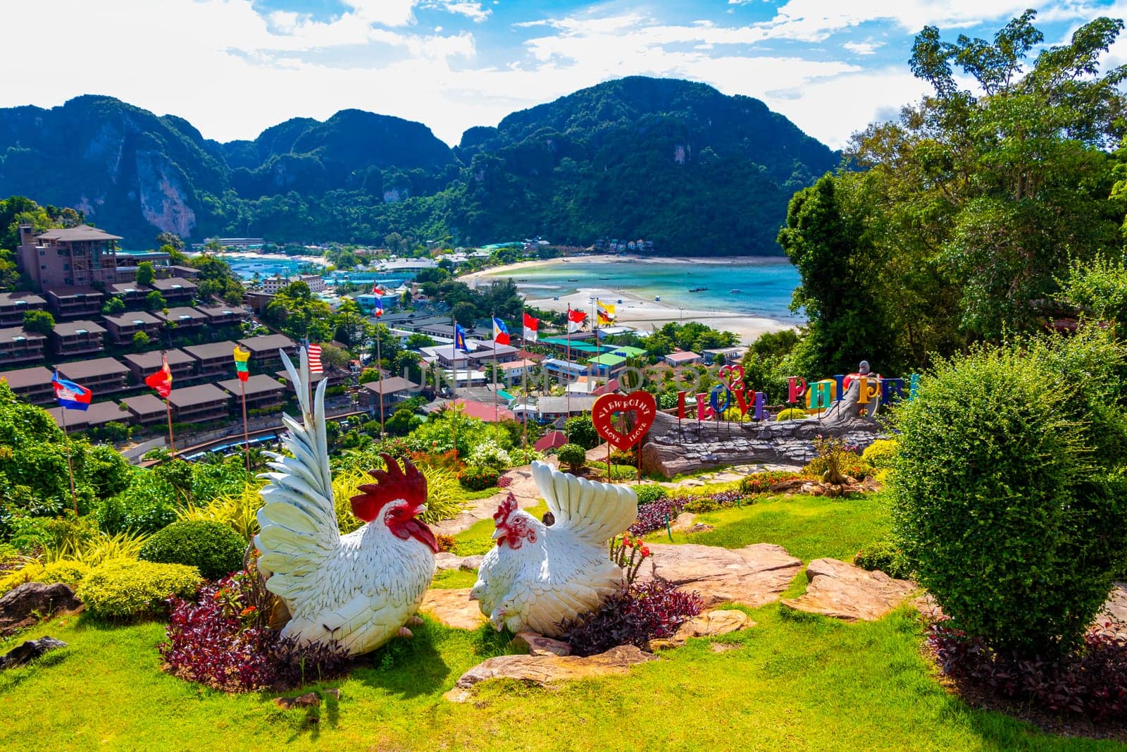 Ao Nang Krabi Thailand 21. October 2018 Landscape cock hen decoration and architecture at beautiful famous panorama view on the viewpoint on Koh Phi Phi Don island in Ao Nang Krabi Thailand.