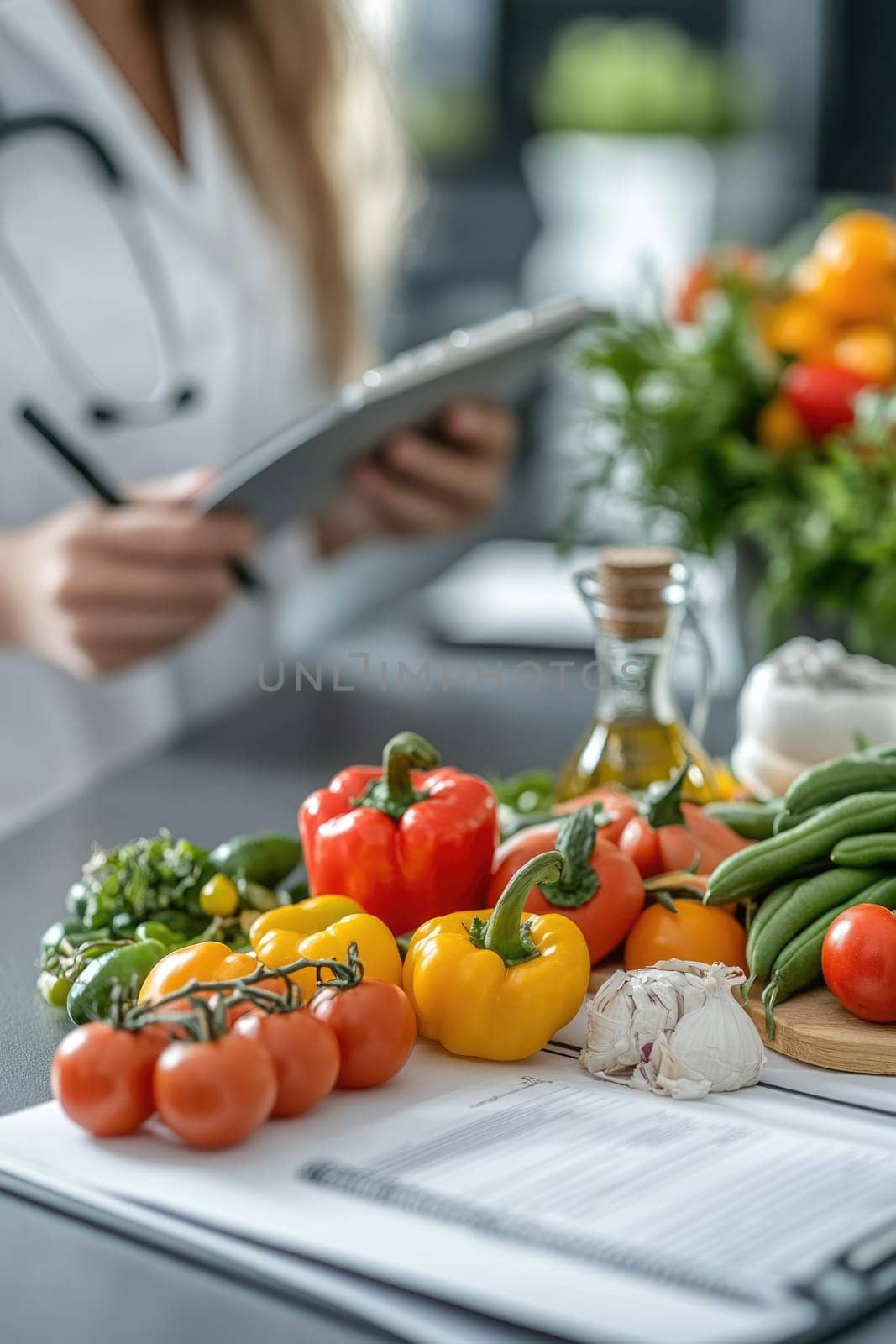 Doctor nutritionist: fresh vegetables, ripe fruits, balanced diet, proper nourishment, health strategy, wholesome food, dietary advice, nutritional focus, mindful eating, nutritious meals