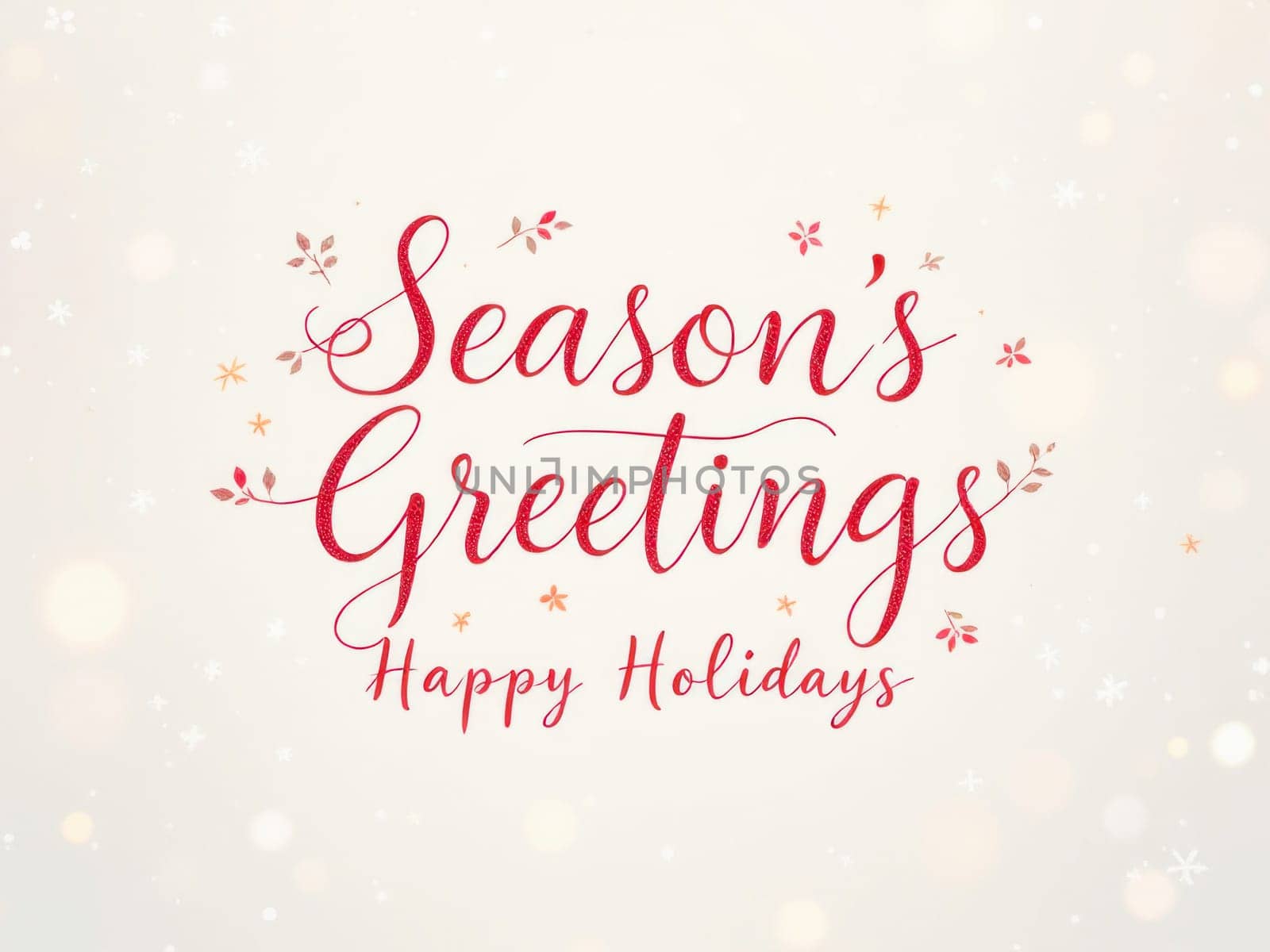 Elegant red season's greetings and happy holidays typography with decorative floral elements on a bright sparkling bokeh background