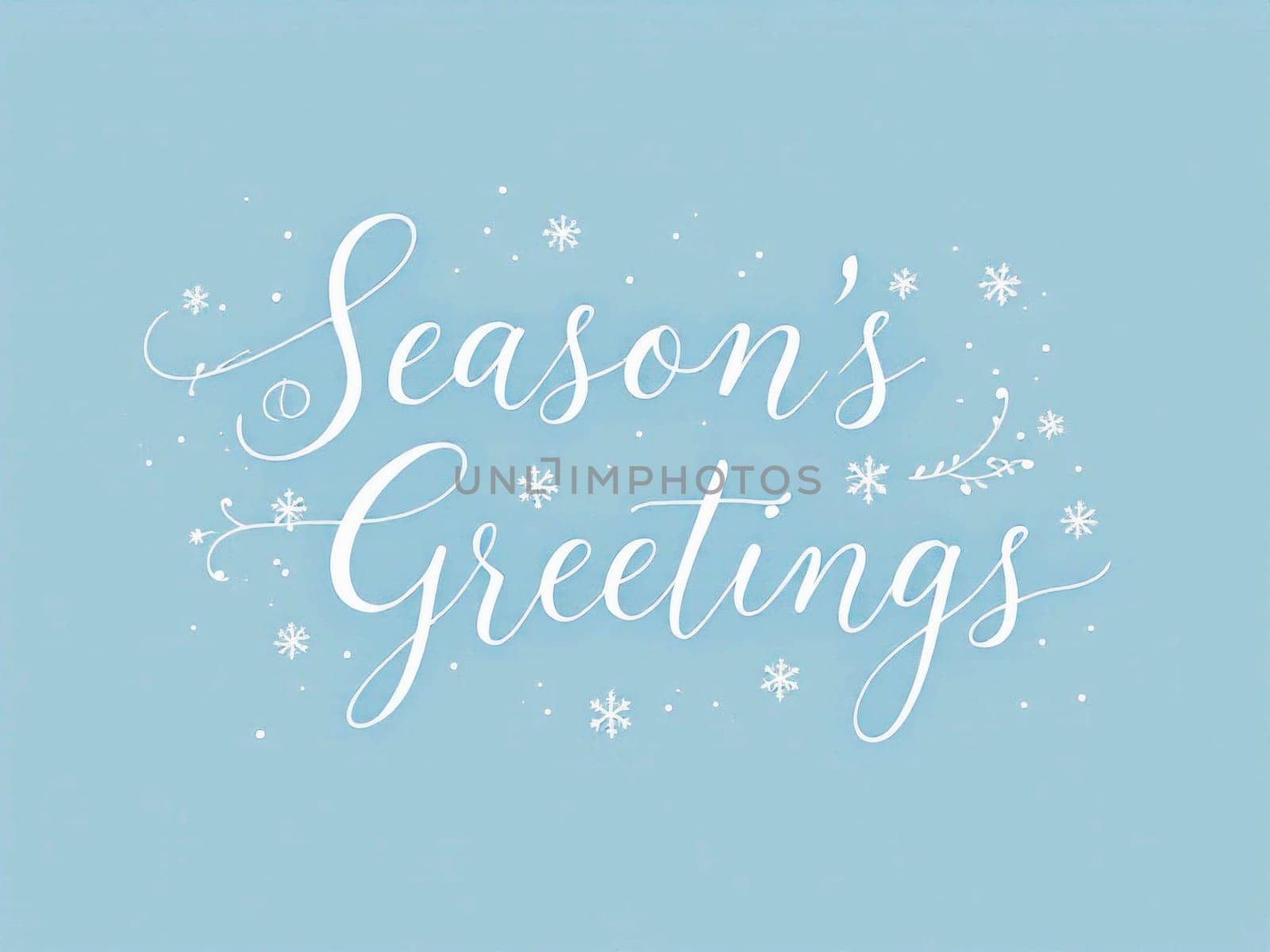 White elegant lettering of season's greetings with snowflakes and flourishes on a blue background creates a festive winter greeting