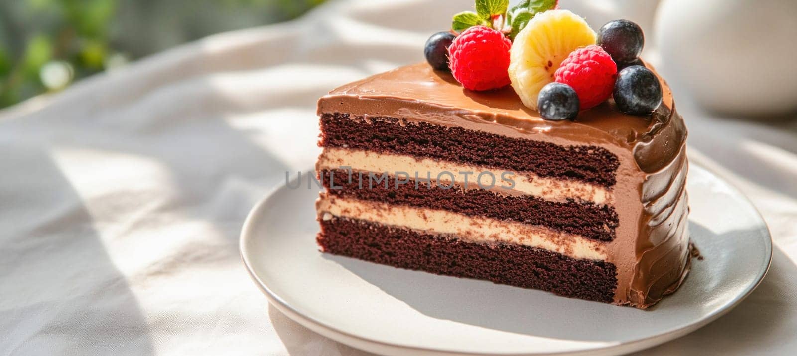 Creamy chocolate cake slice topped with fresh raspberries, blueberries, pineapple, and mint on a white plate, perfect for a sweet treat