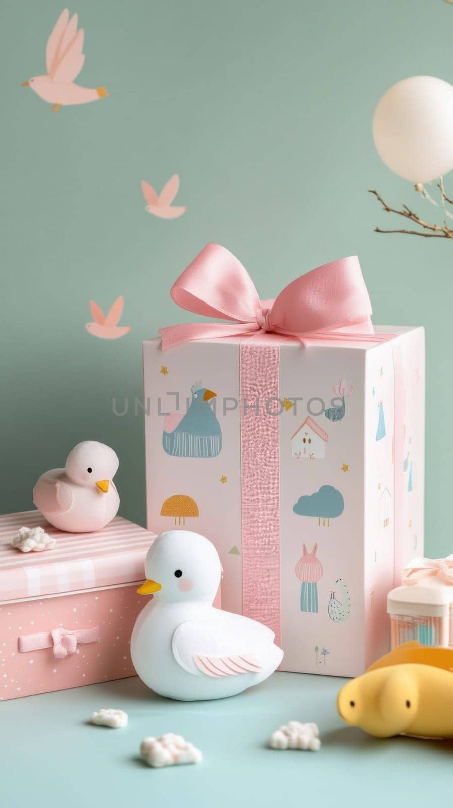 Charming baby shower gift box with pink ribbon, duck toys, and balloons creating a sweet and festive atmosphere