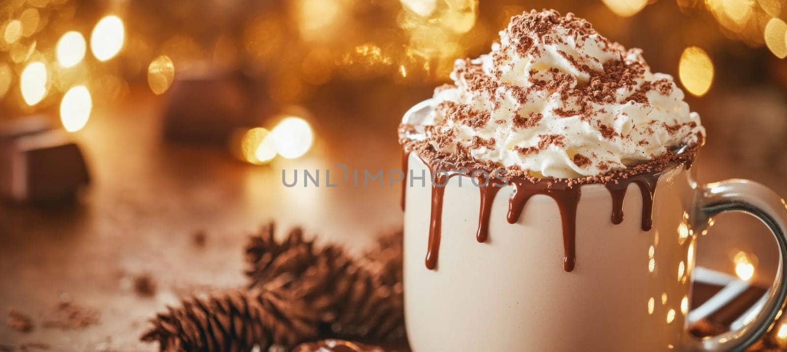 Hot chocolate topped with whipped cream, chocolate drizzle, and chocolate shavings sits on a table with pine cones and christmas lights in the background